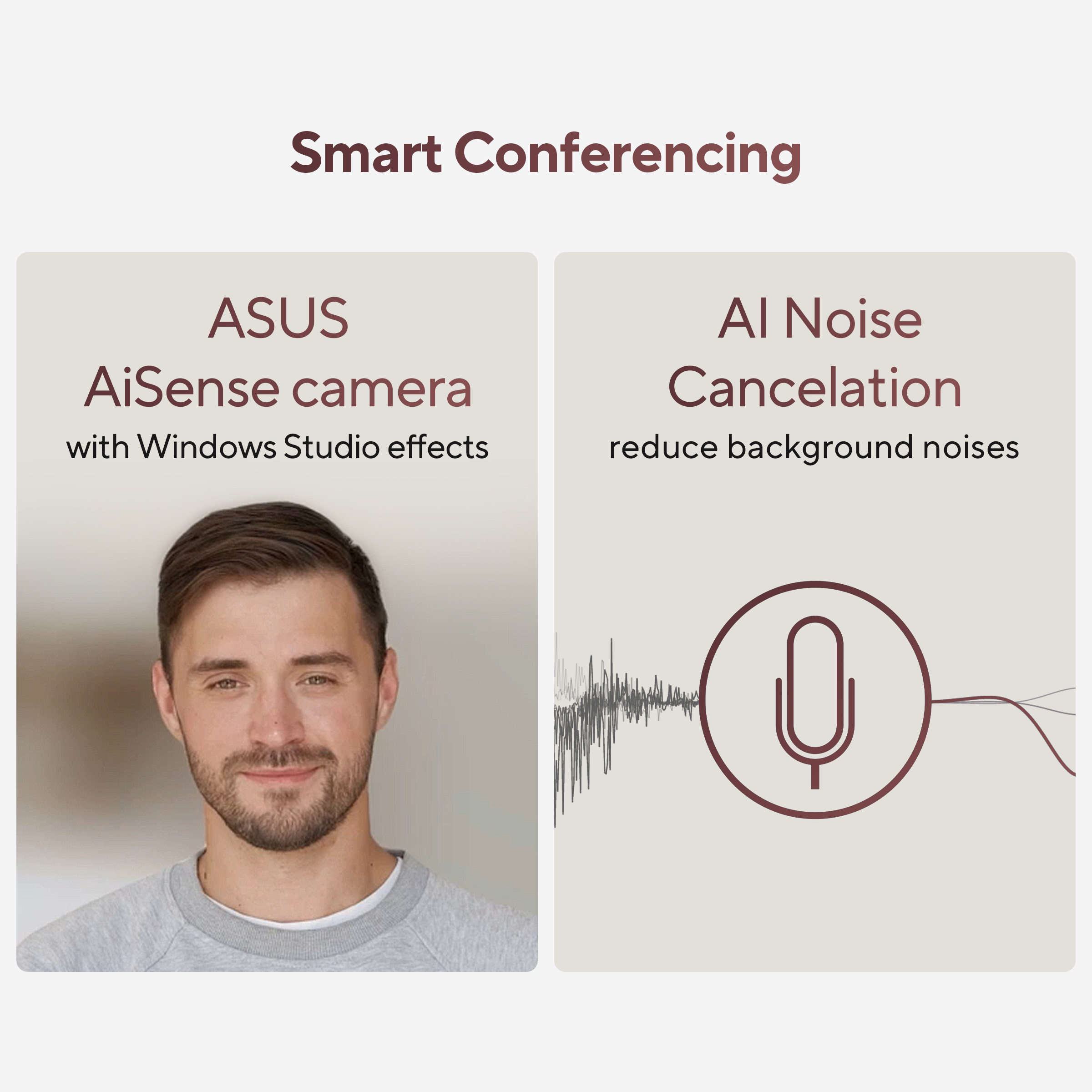 Slim vergaderen met ASUS AiSense camera en AI ruisonderdrukking.