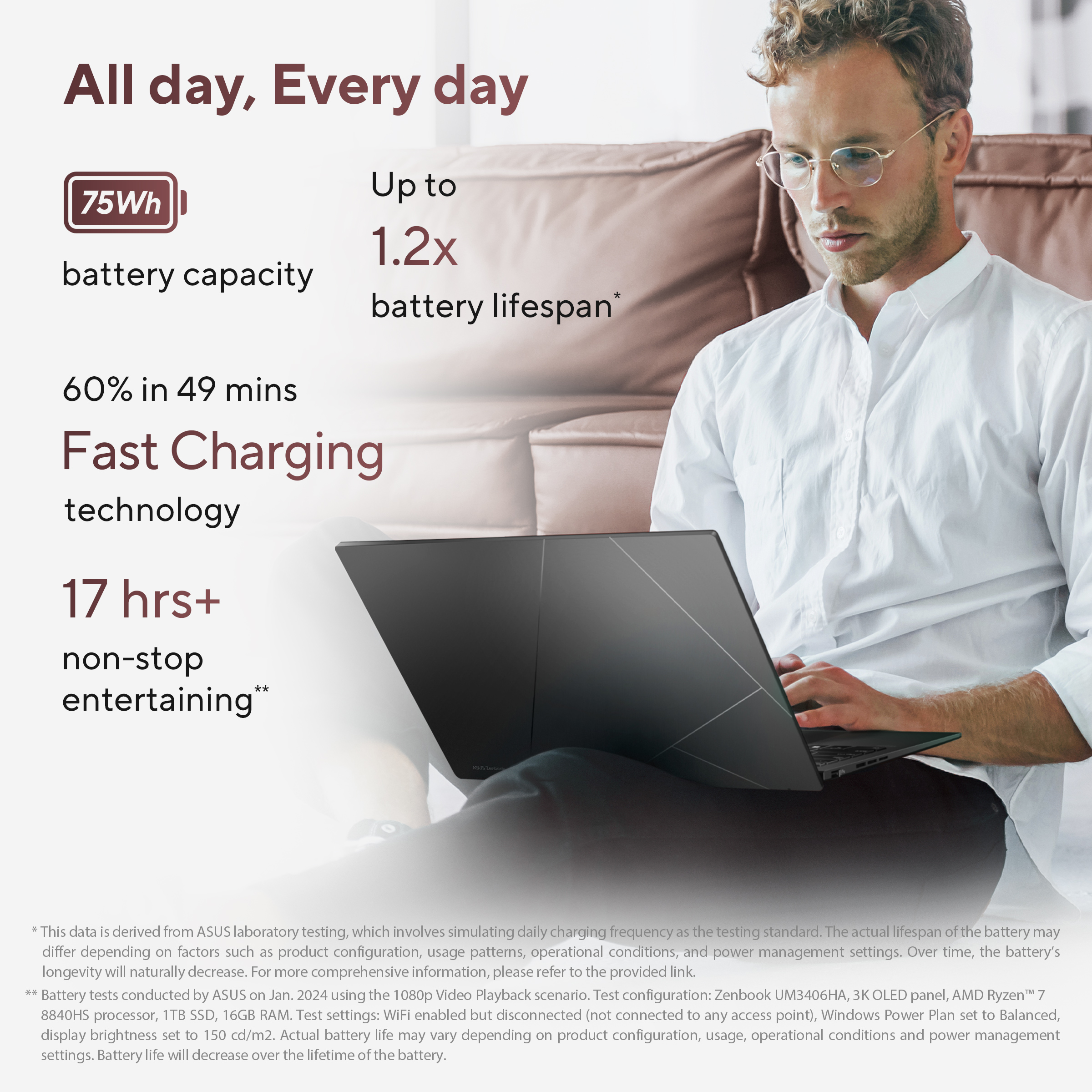 Man met bril zit met laptop op schoot, met tekst over batterijduur.