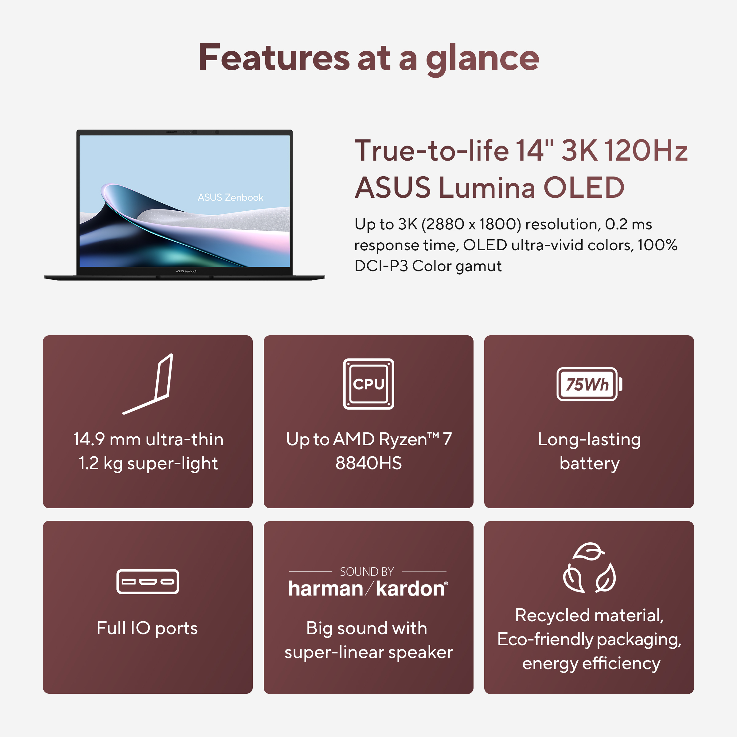 ASUS Zenbook: 14" 3K 120Hz OLED, dun, licht, AMD Ryzen 7, 75Wh batterij.