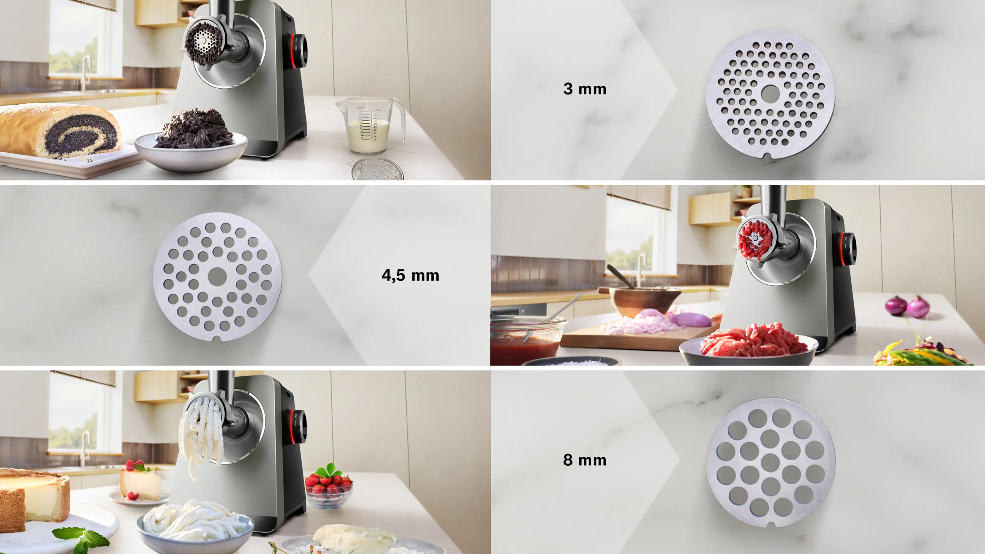 Maszynka do mięsa z tarczami 3mm, 4,5mm i 8mm; składniki i gotowe potrawy.
