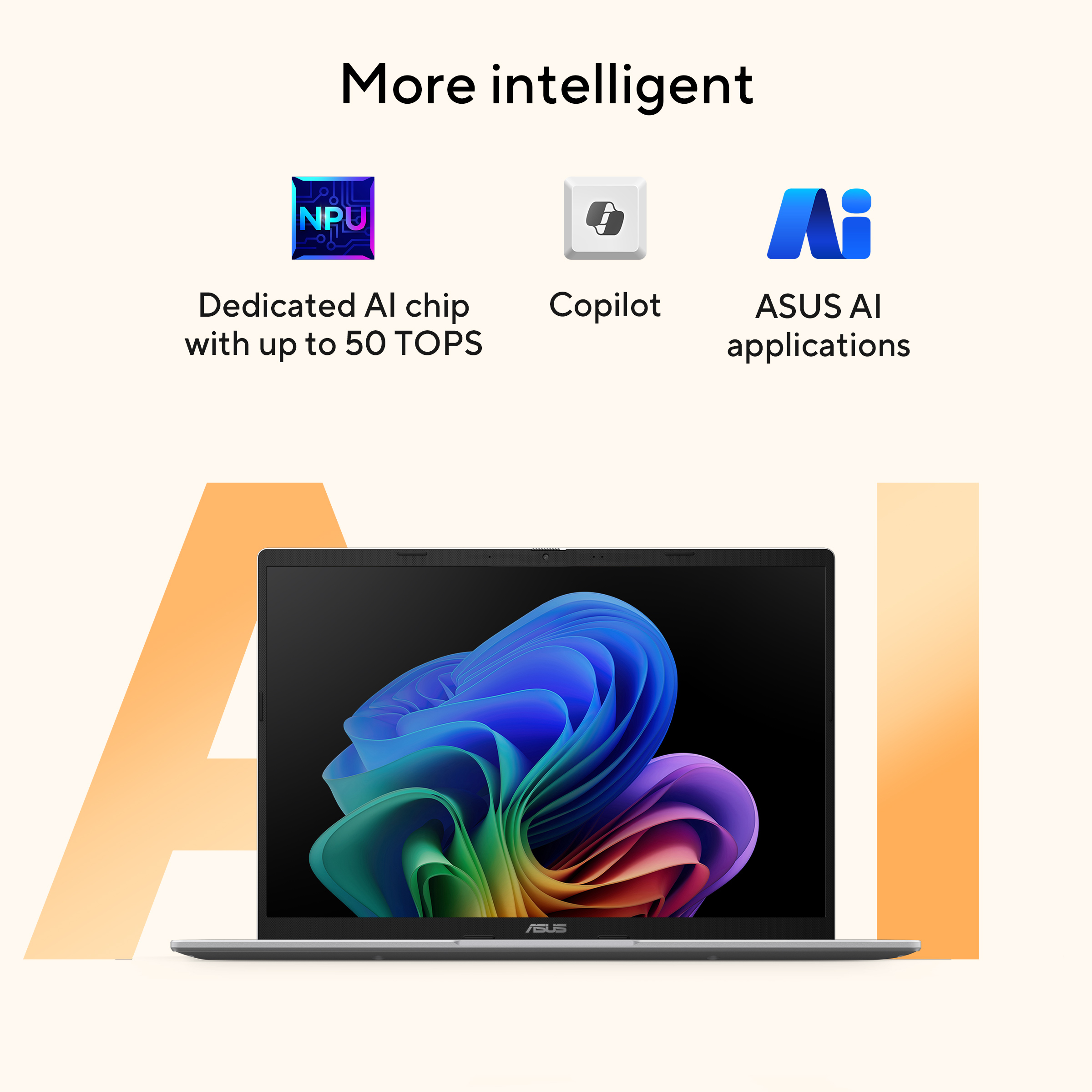 Een laptop met AI-mogelijkheden, NPU, Copilot en ASUS AI-apps.