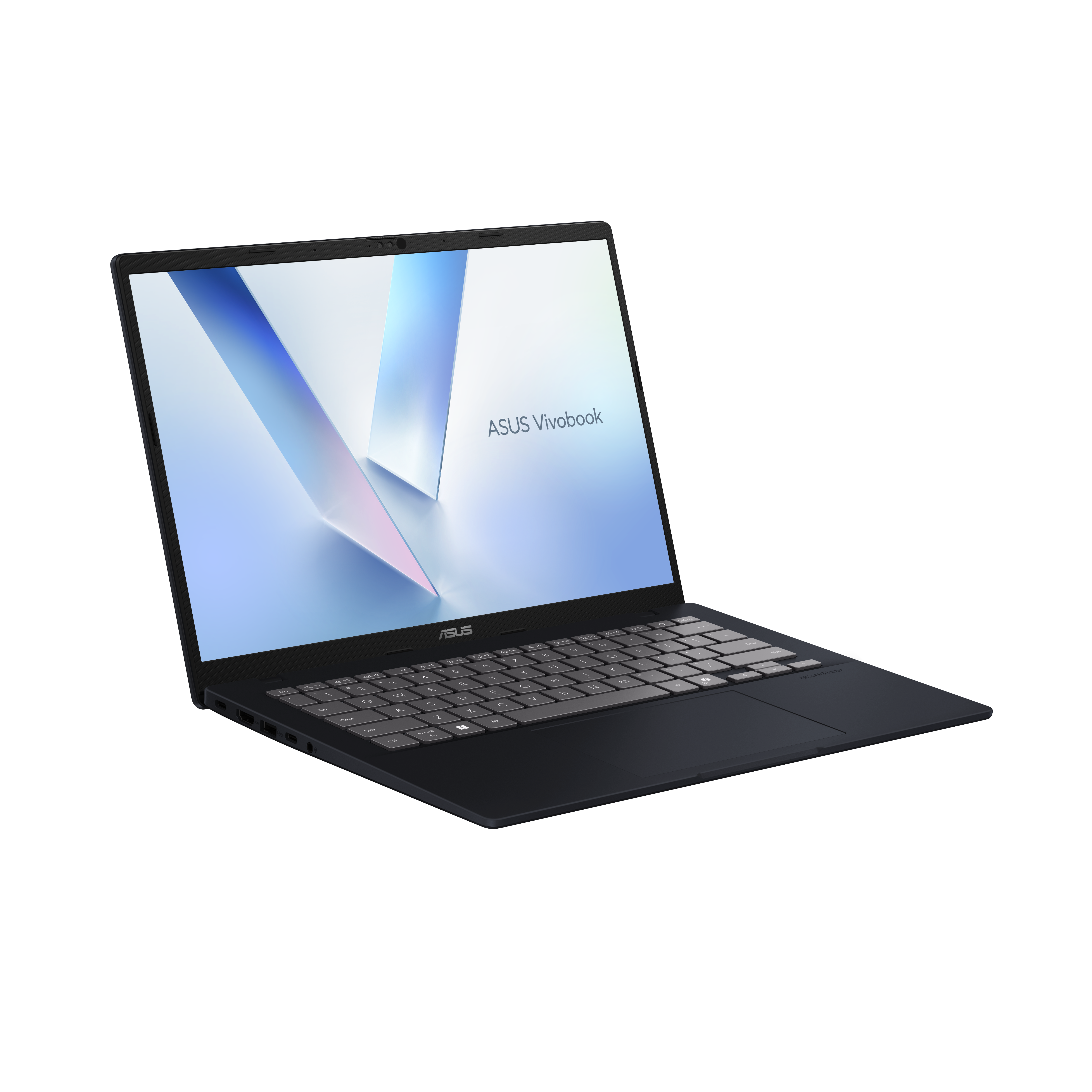 Een donkere ASUS Vivobook laptop met verlicht toetsenbord op zwarte achtergrond.