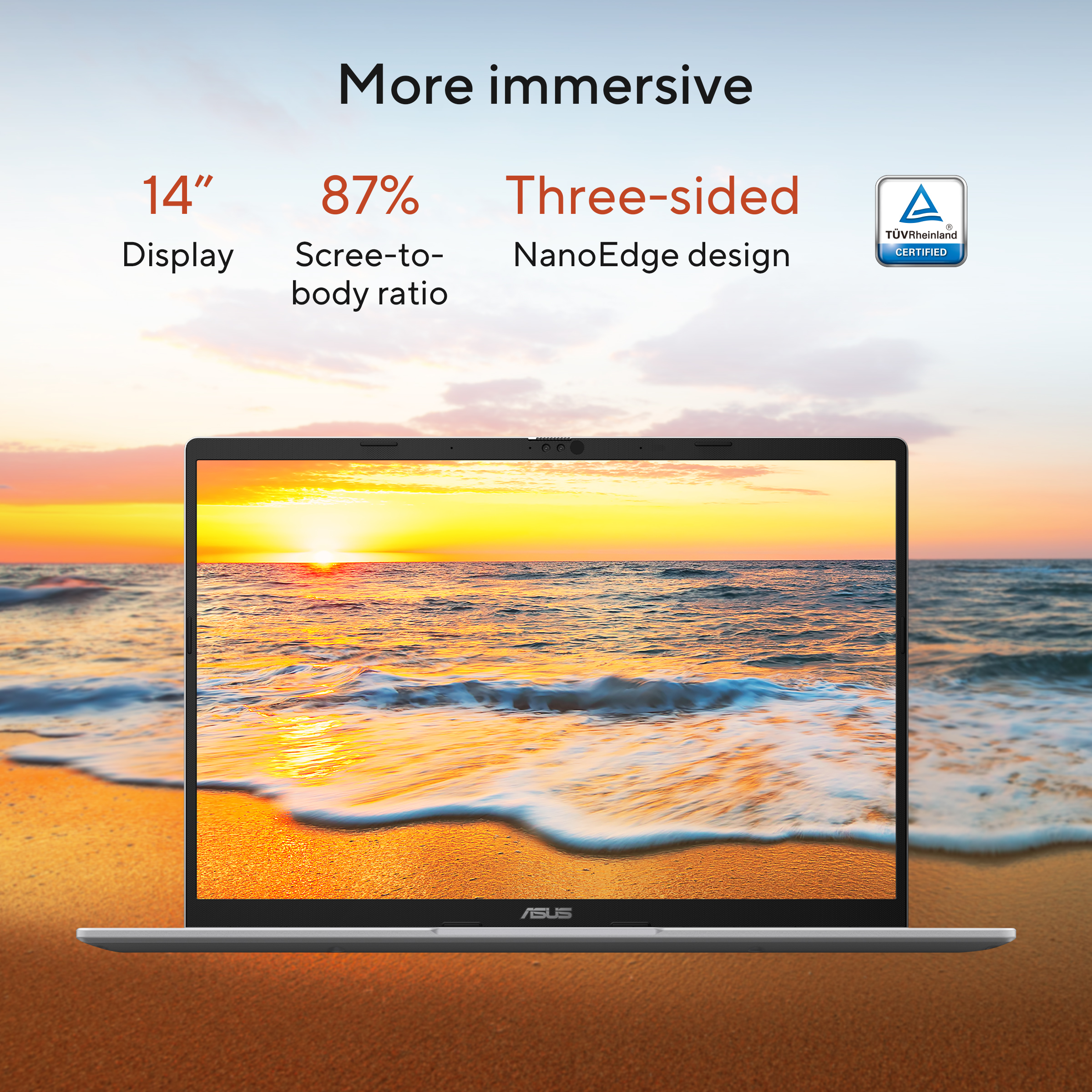 Laptop met 14-inch display, 87% scherm-tot-behuizing verhouding, driezijdig NanoEdge ontwerp.