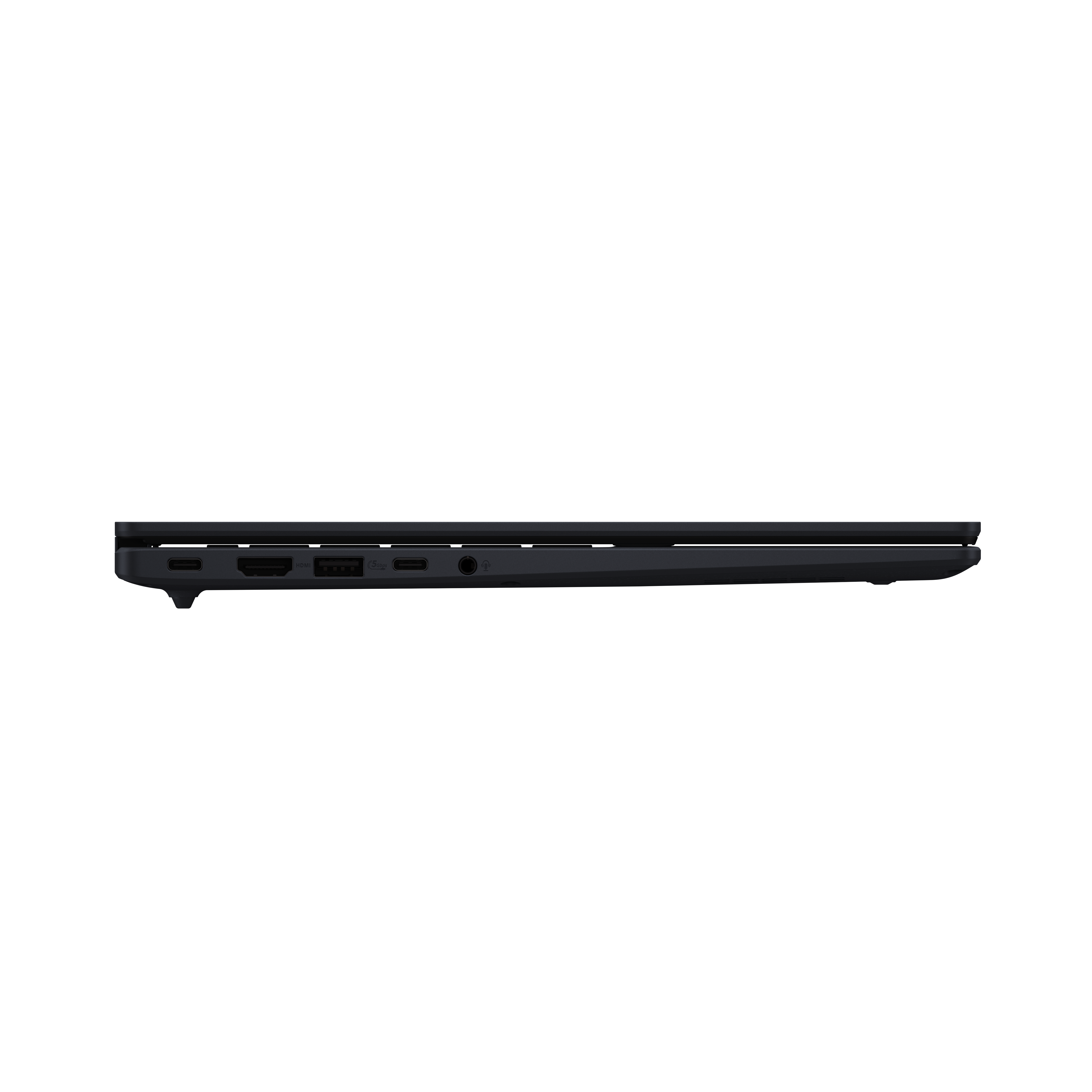 Donkere laptop, zijaanzicht met poorten: USB-C, HDMI, USB-A