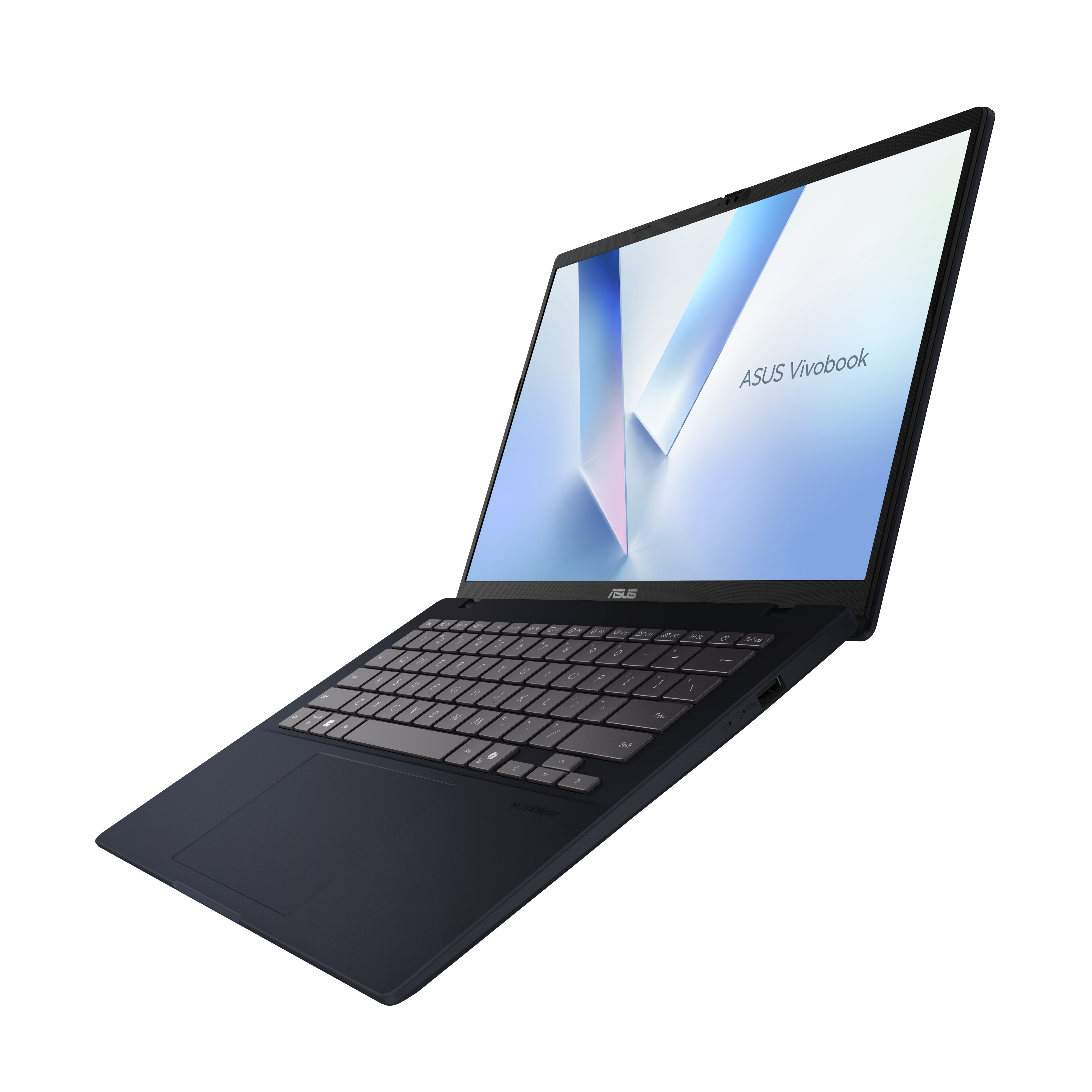 Donkerblauwe ASUS Vivobook laptop, open, met toetsenbord en scherm.