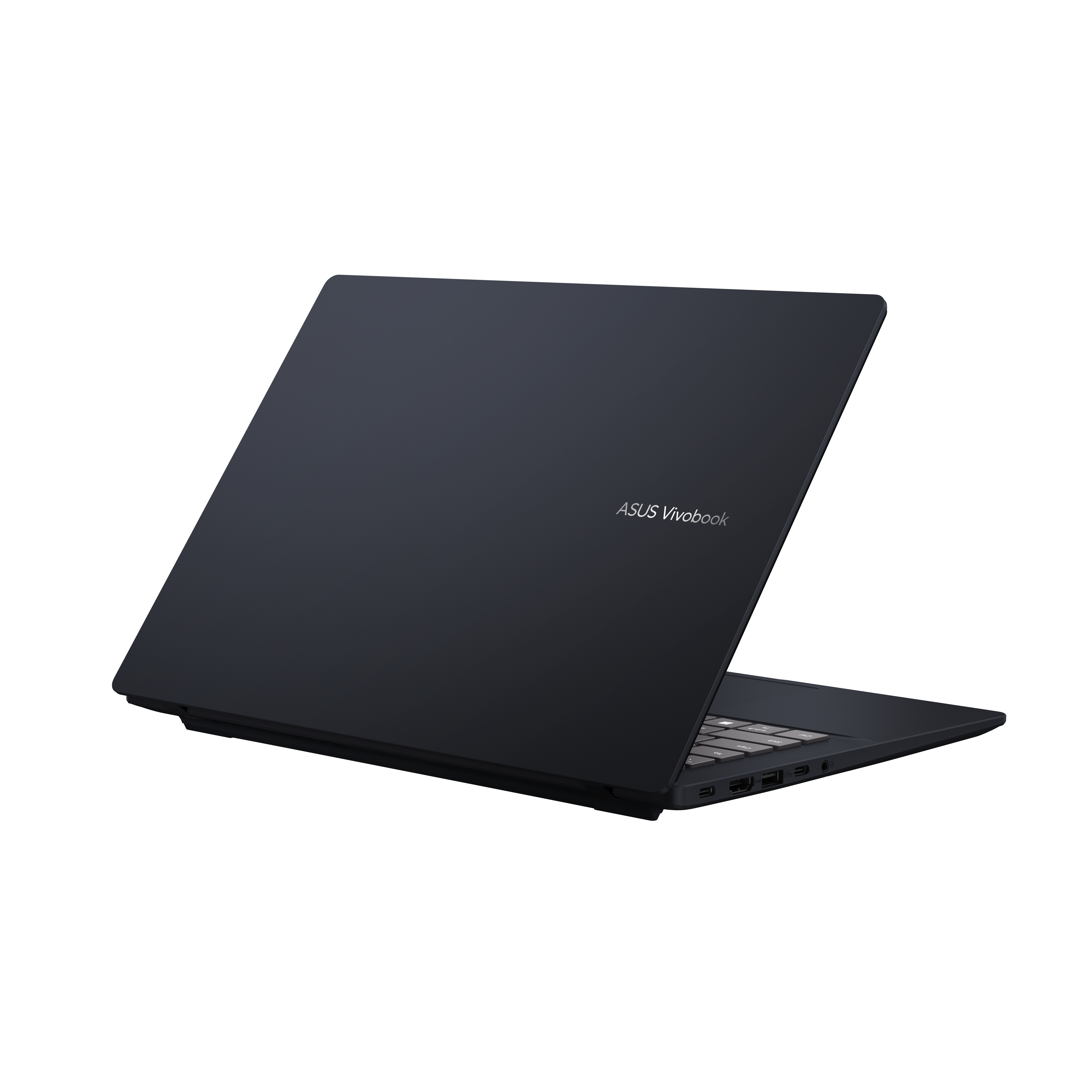 Donkergrijs Asus Vivobook laptop, open, met toetsenbord en poorten zichtbaar.