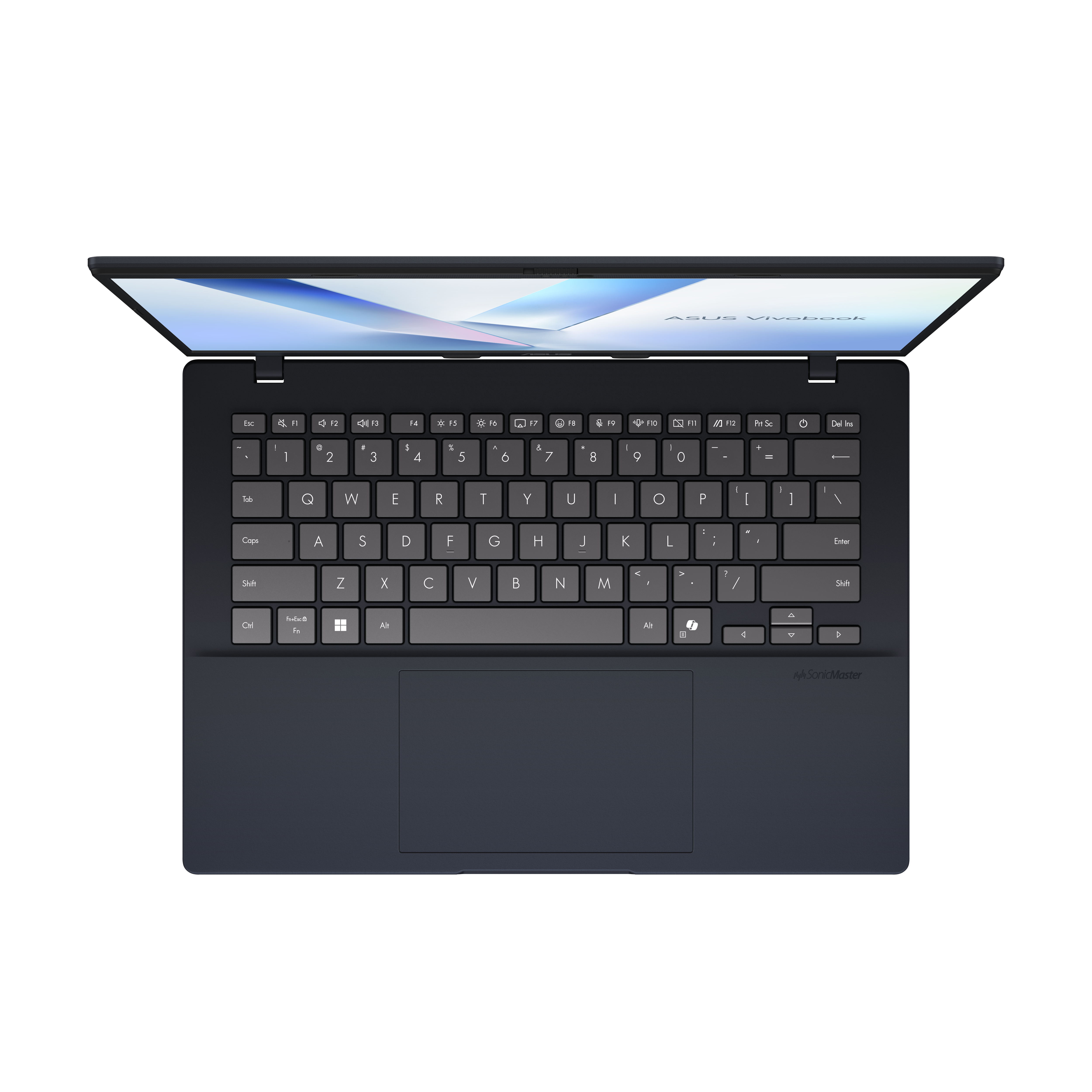 Een donkerblauwe ASUS Vivobook laptop is open, met toetsenbord en scherm zichtbaar.