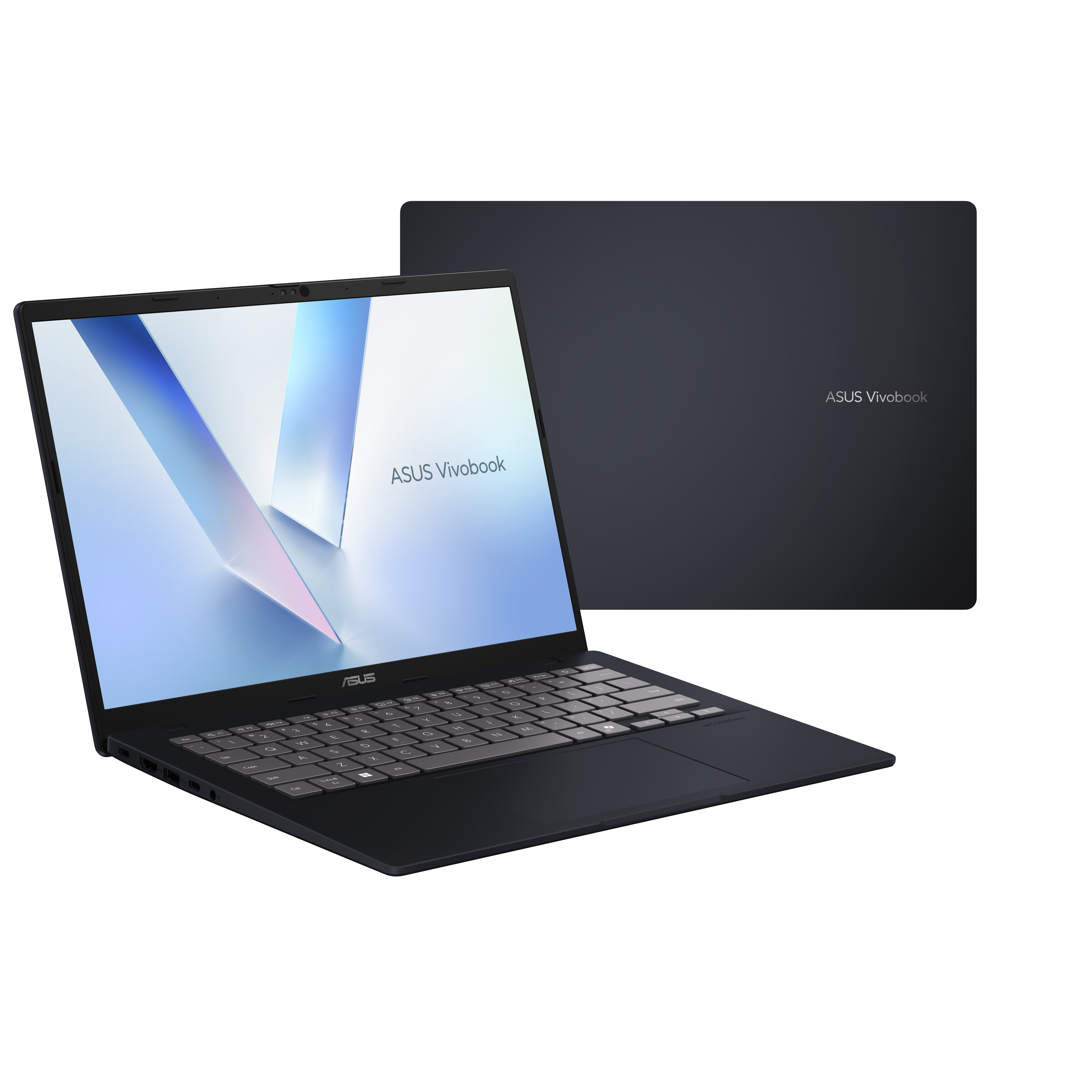 Een donkerblauwe ASUS Vivobook laptop is open te zien, met een kleurrijk abstract scherm en toetsenbord.