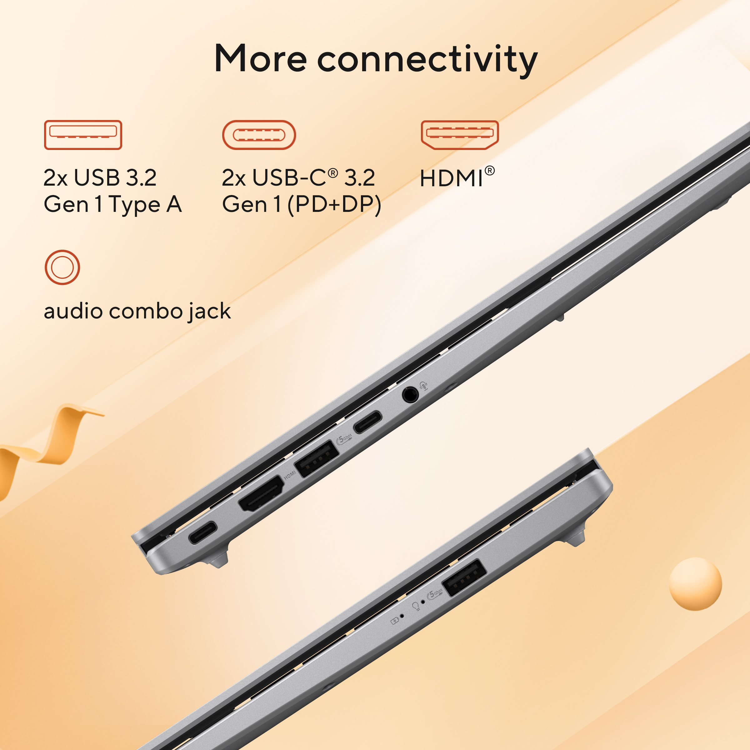 Laptop poorten getoond: 2x USB-A, 2x USB-C, HDMI, audiojack.