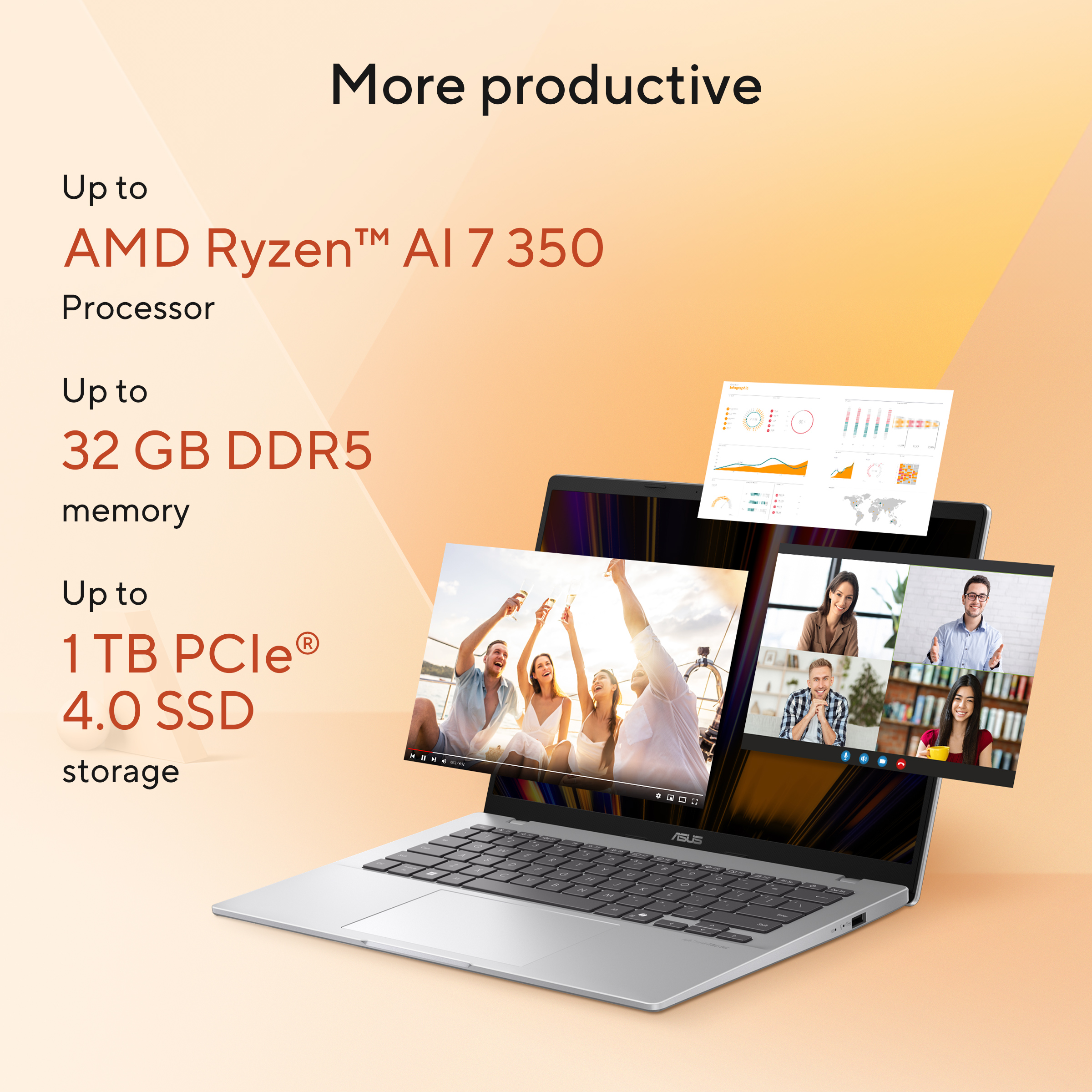Een laptop met AMD Ryzen AI 7 350 processor, 32 GB DDR5 RAM en 1 TB SSD.