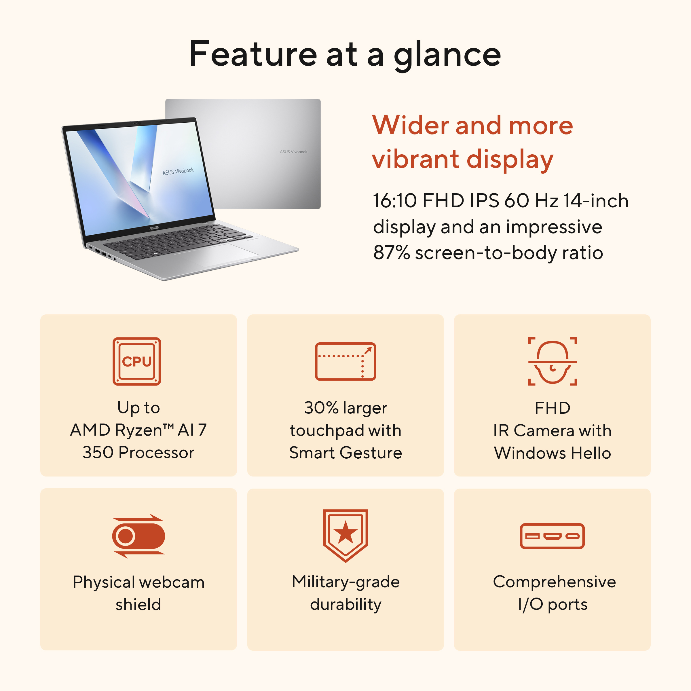 Een zilveren laptop met een breder, levendig display en pictogrammen voor CPU, touchpad, camera, schild, duurzaamheid en poorten.