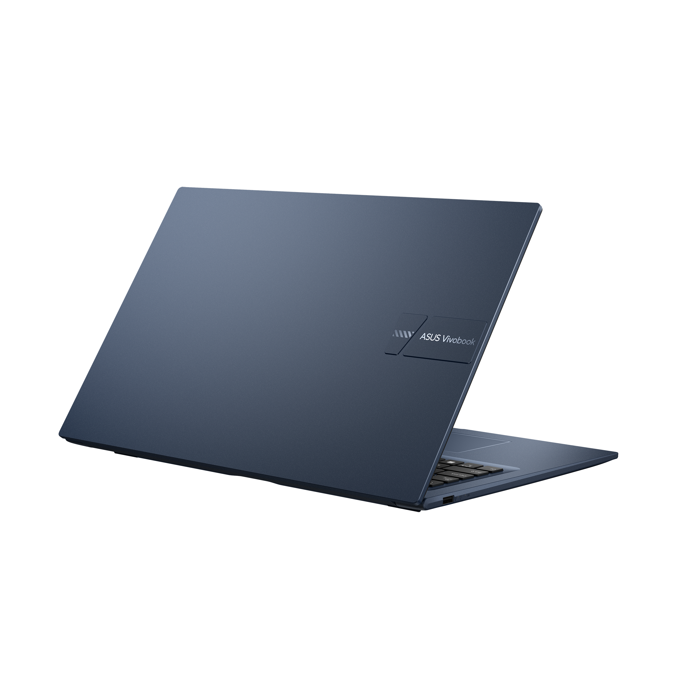 Een donkerblauwe Asus Vivobook laptop, van achteren en schuin getoond.