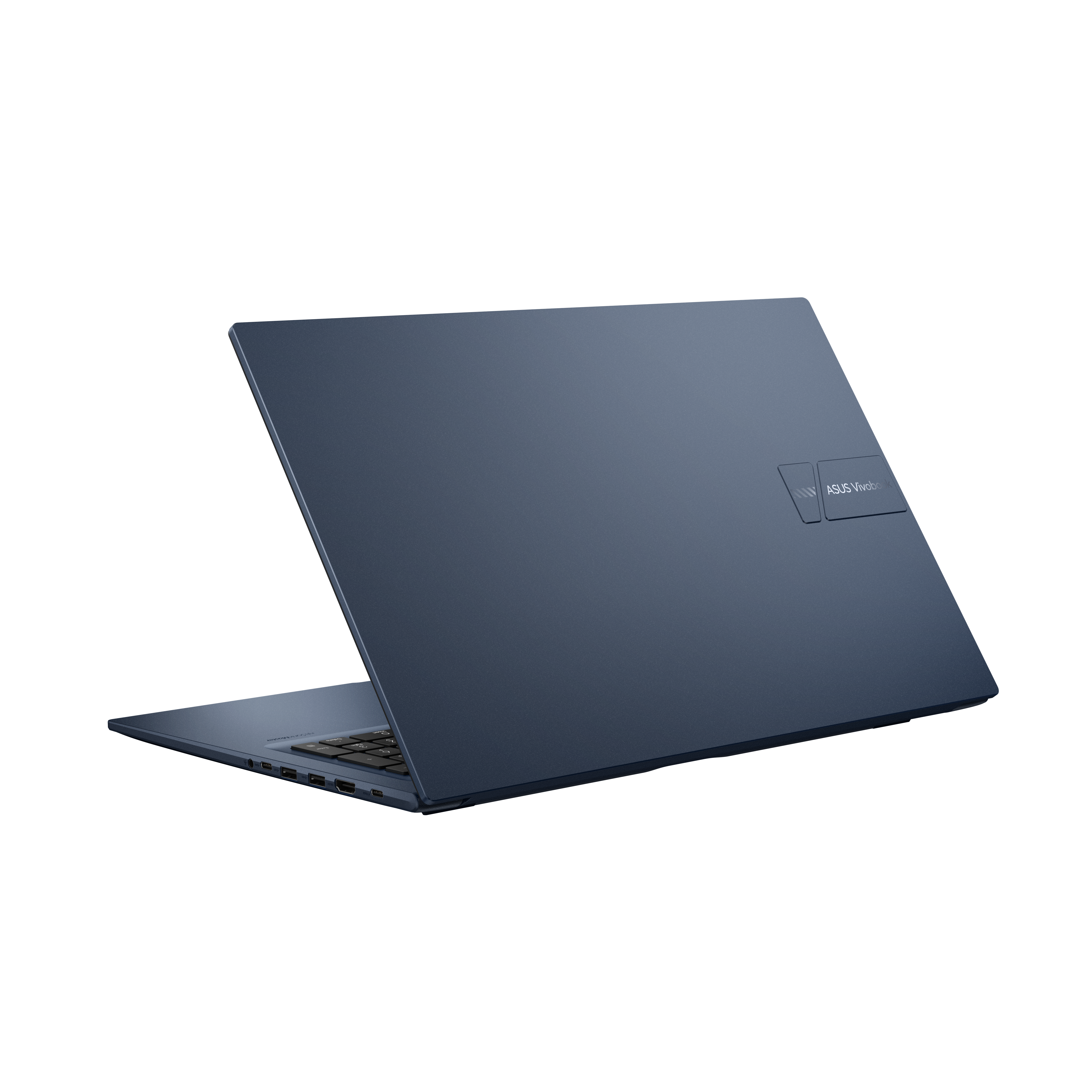 Donkerblauwe laptop met open scherm, ASUS Vivobook-logo zichtbaar.
