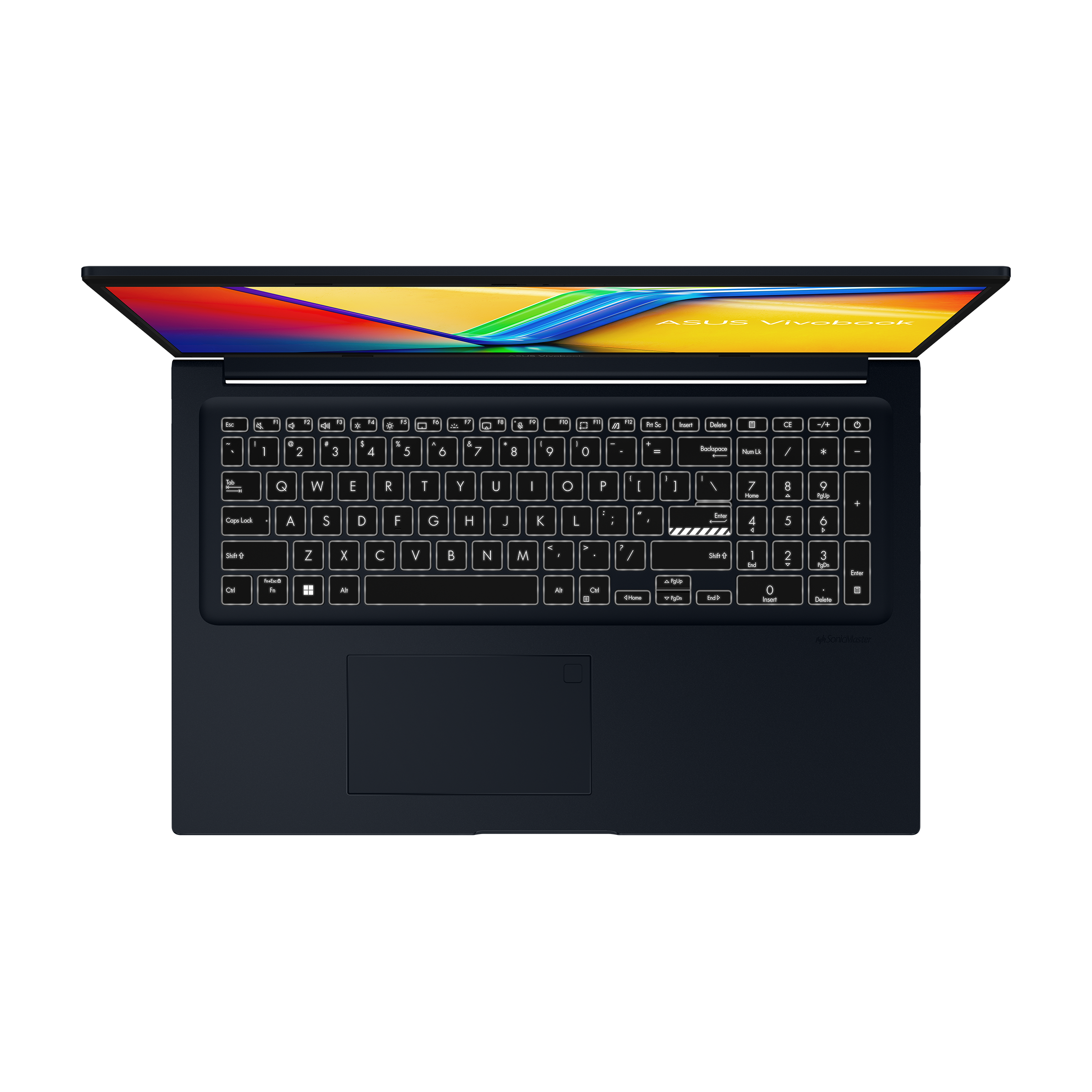 Donkerblauwe laptop van bovenaf gezien, met verlicht toetsenbord en kleurrijk scherm.