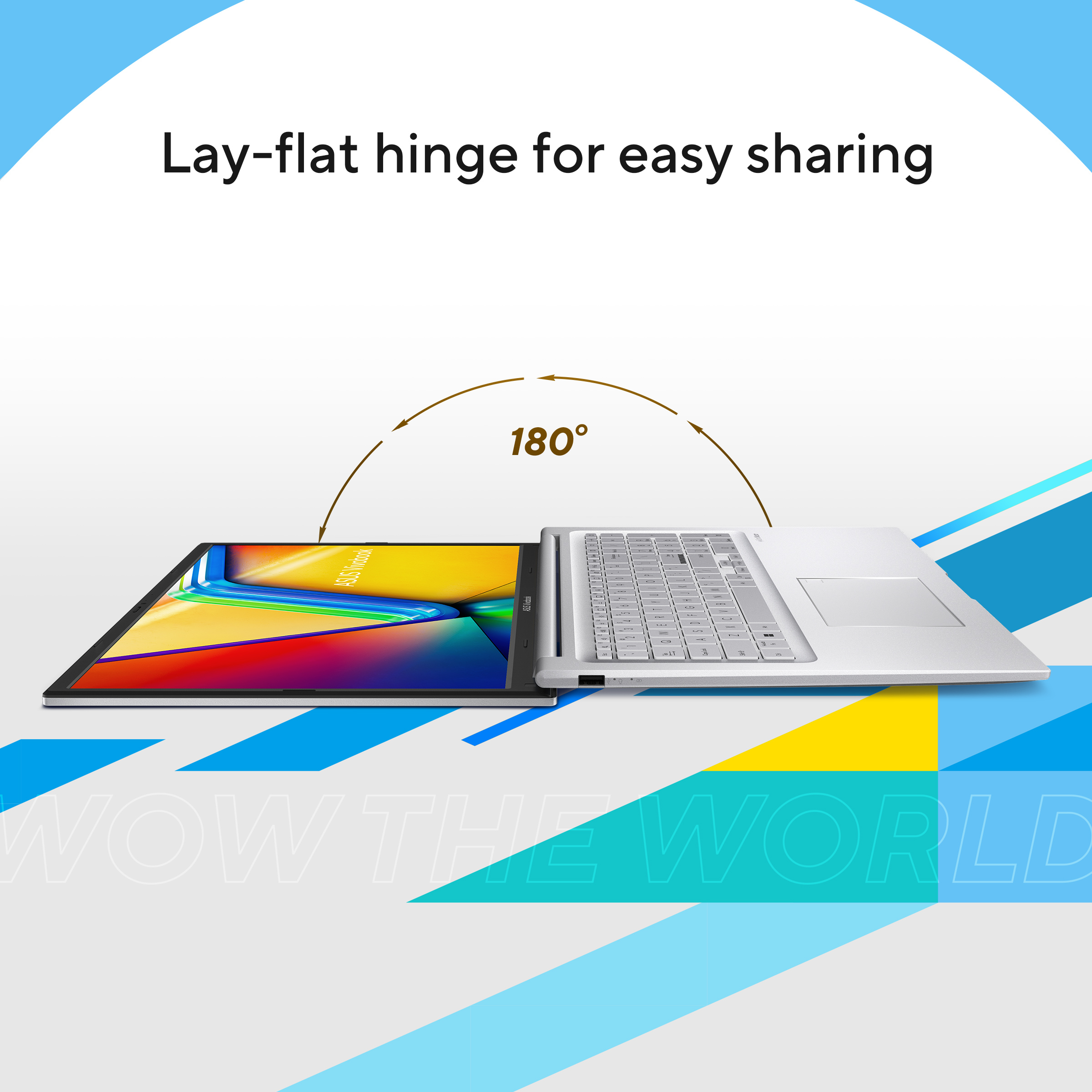 Een zilveren laptop met een 180° scharnier toont zijn kleurrijke scherm.