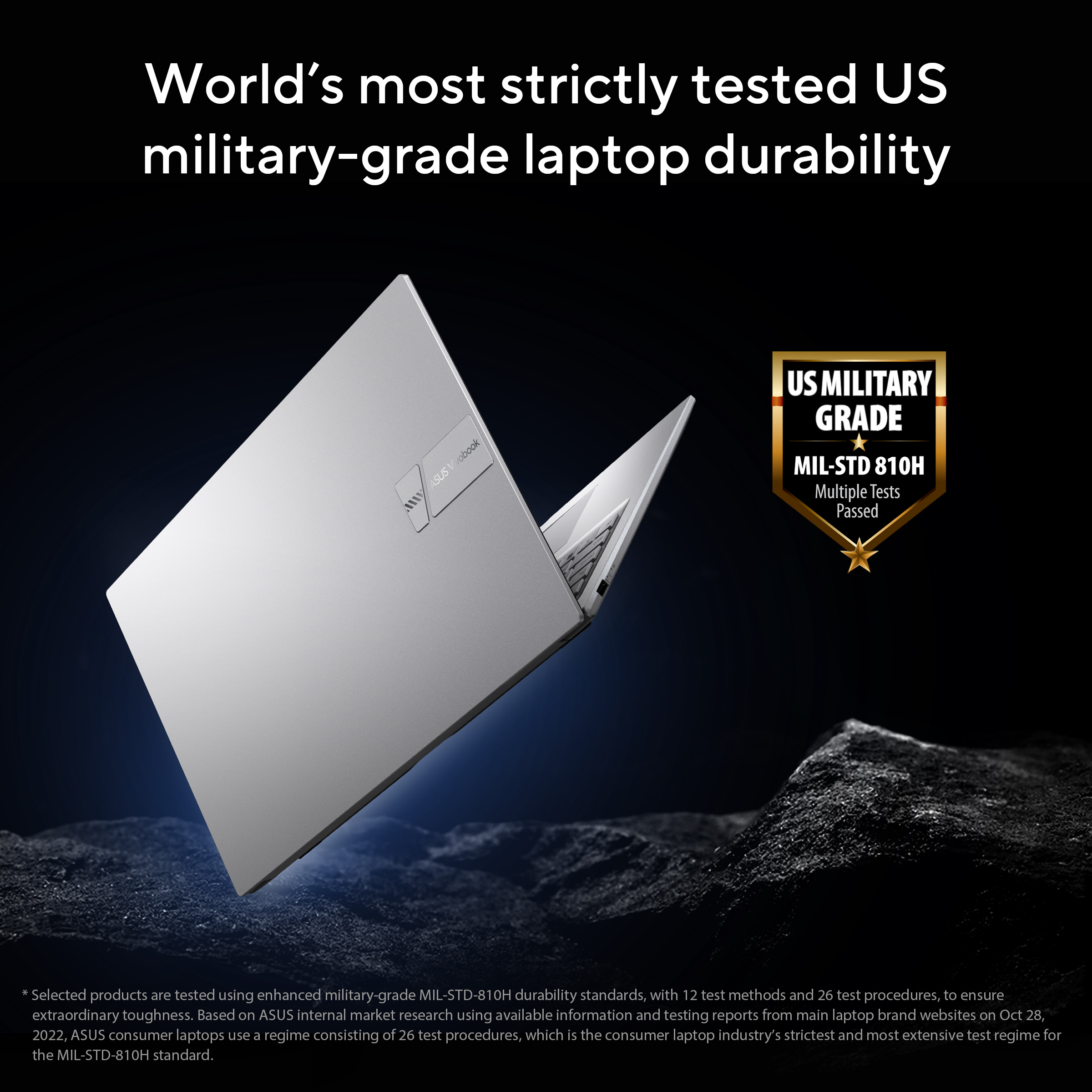 Zilveren ASUS Vivobook laptop met Amerikaanse militaire MIL-STD 810H certificering.