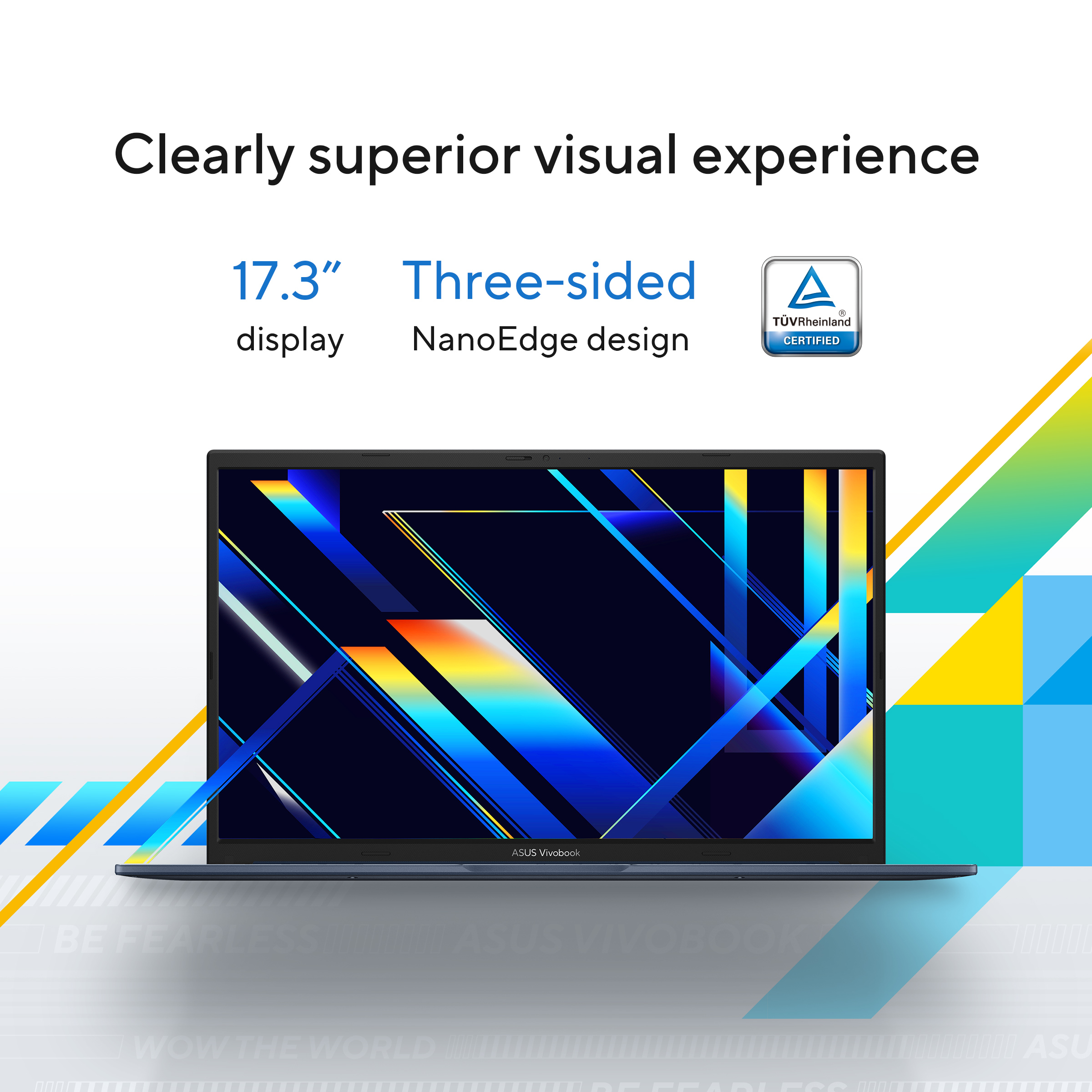 Een donkerblauwe ASUS Vivobook laptop met 17,3-inch NanoEdge display.