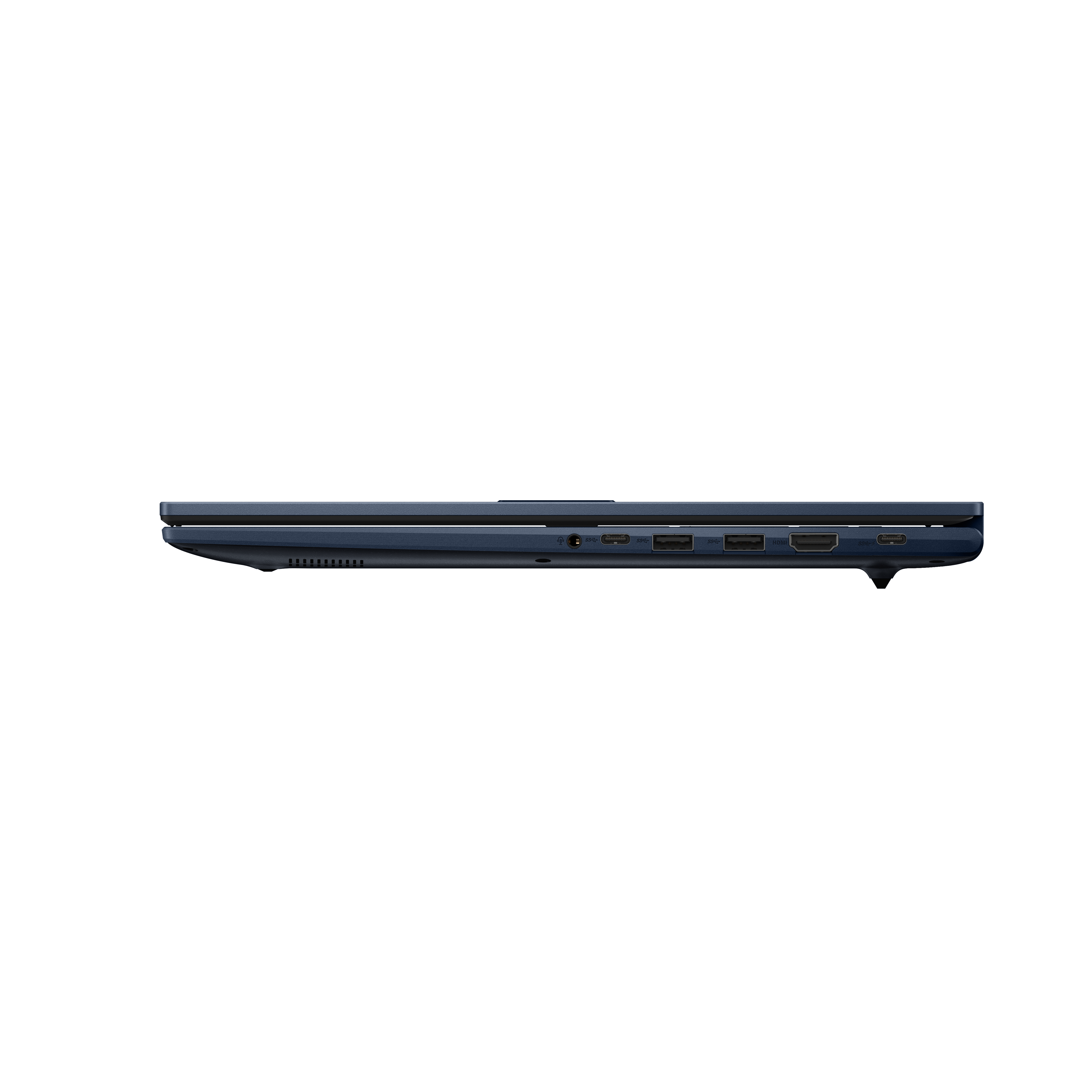 Een blauwe laptopbehuizing met meerdere poorten zichtbaar aan de zijkant.