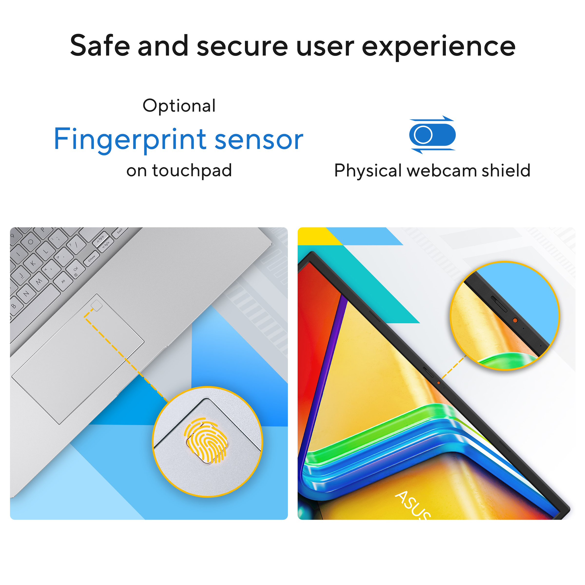 Laptoptoetsenbord met vingerafdruksensor en smartphone met webcam-afdekking.