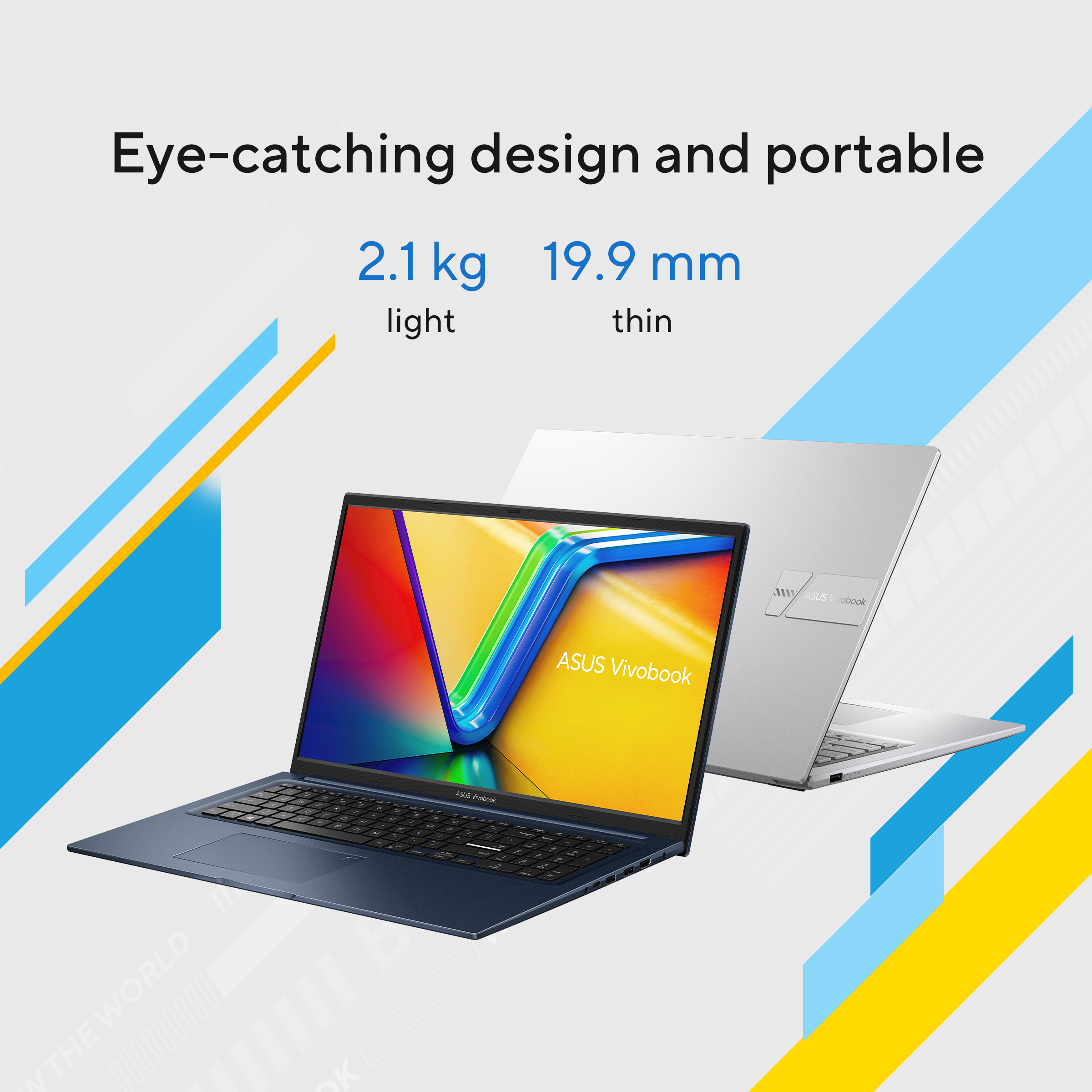 Twee laptops, een blauwe en een zilveren, met nadruk op design en draagbaarheid.