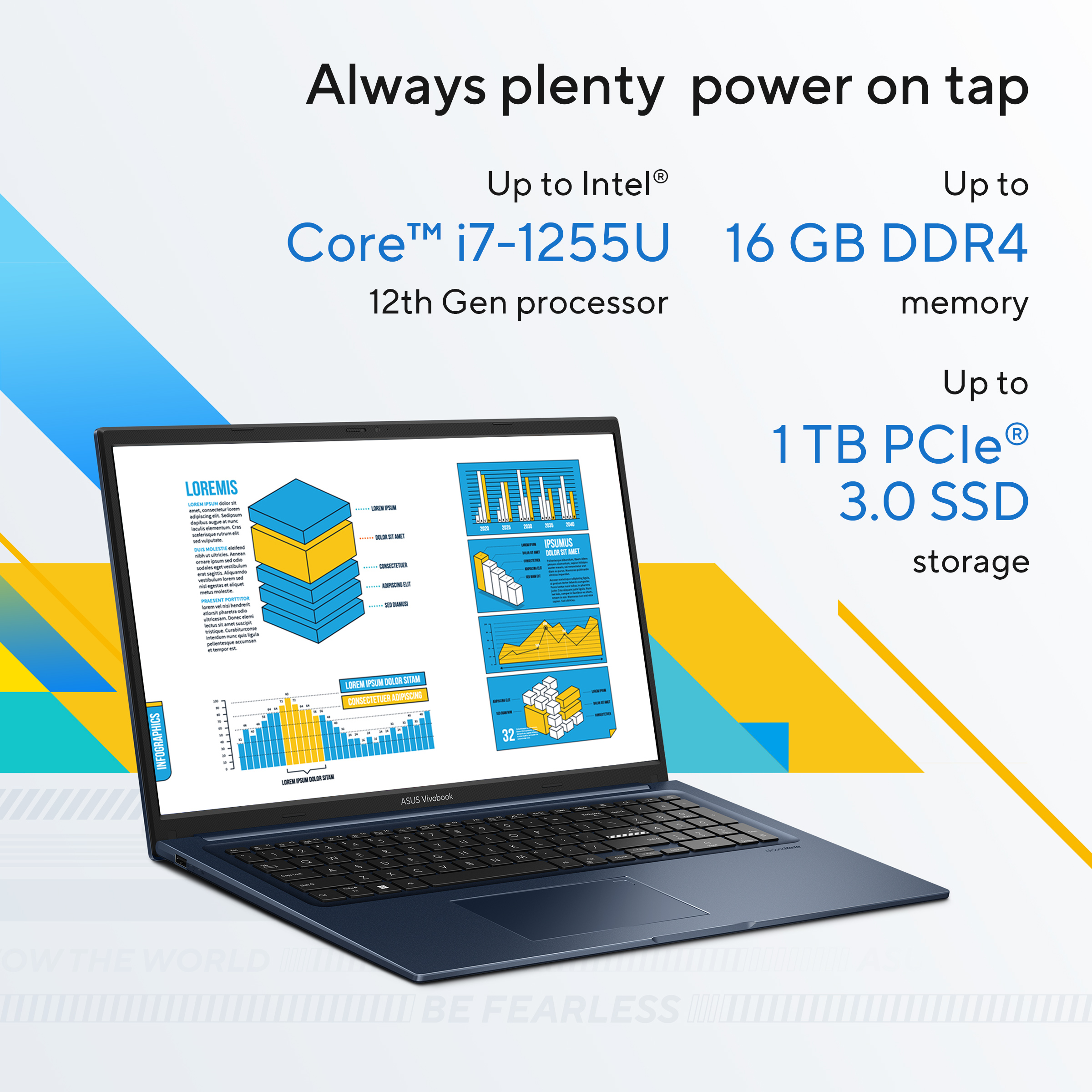 Een blauwe laptop toont infographics met grafieken en tekst. Specificaties: Intel Core i7, 16 GB RAM, 1 TB SSD.