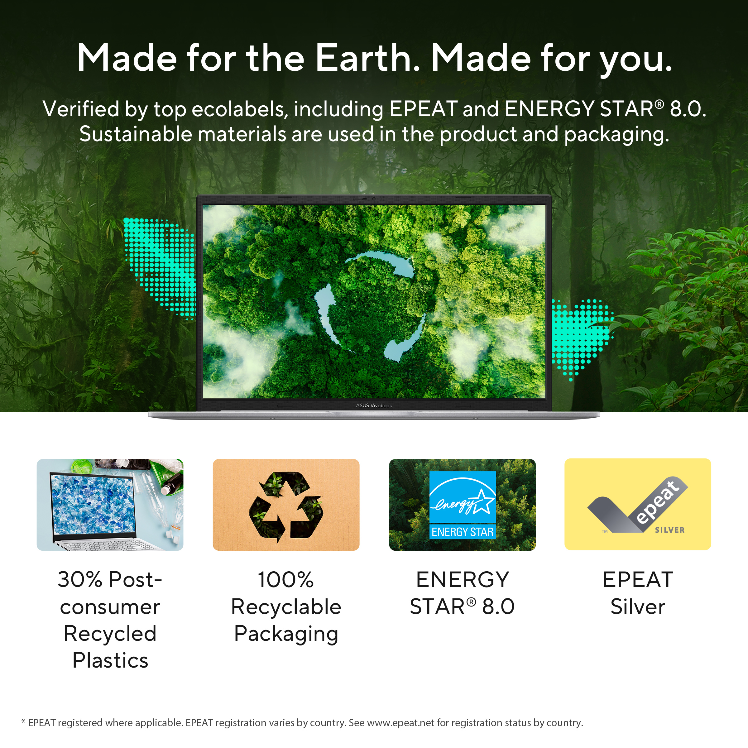 Een laptop in een bos, met EPEAT en ENERGY STAR certificeringen.