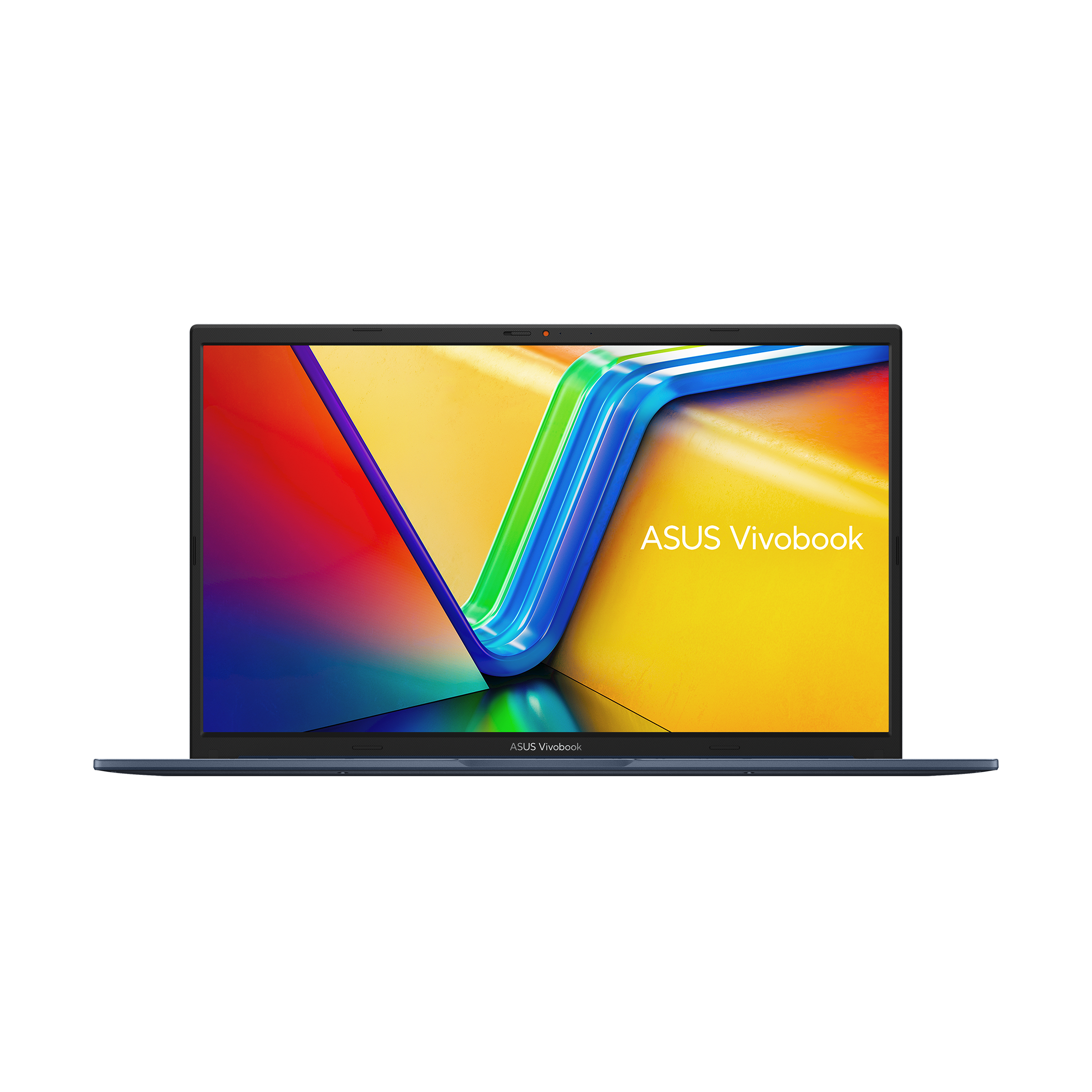 Een donkerblauwe Asus Vivobook laptop met een kleurrijke achtergrond op het scherm.