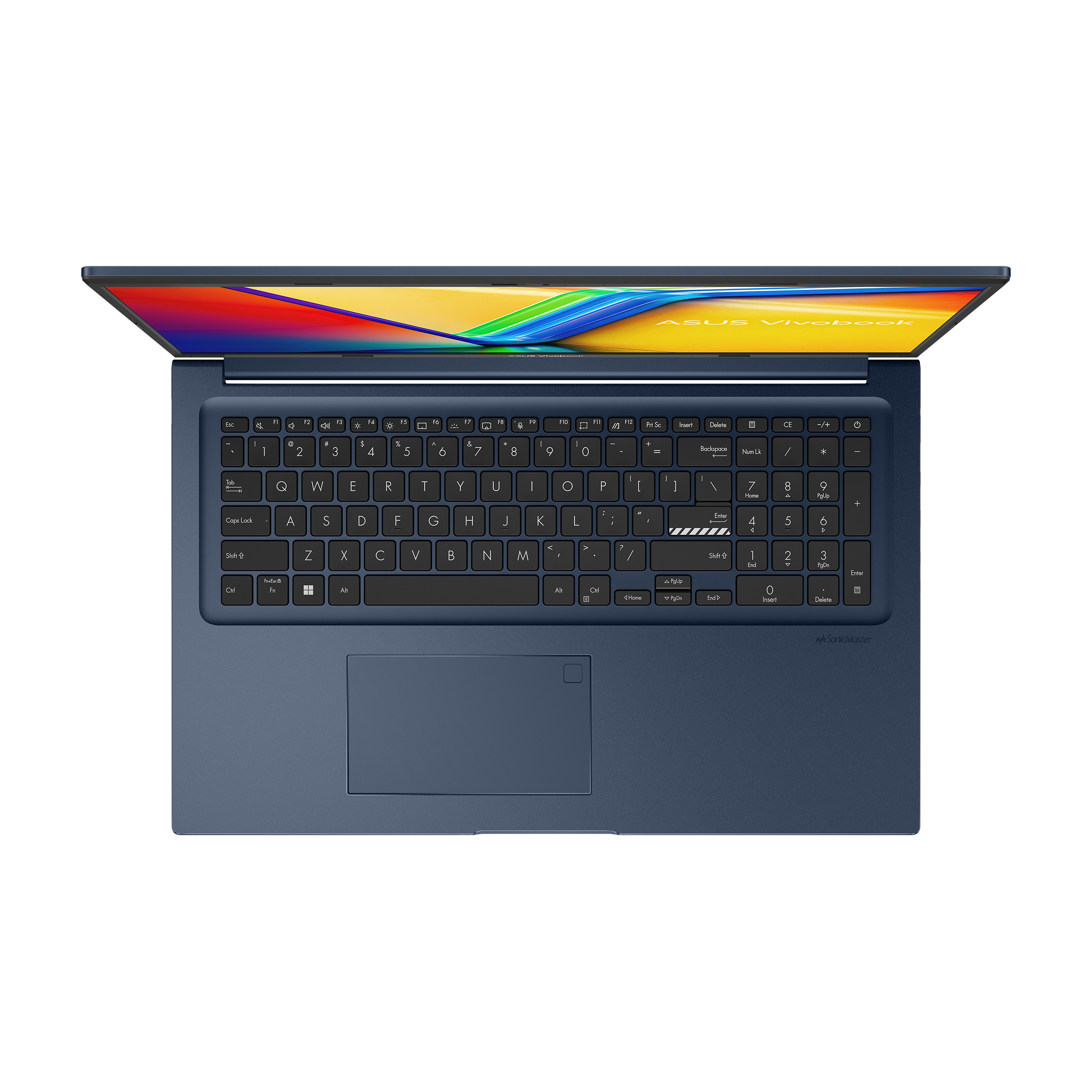 Blauwe laptop van boven, met toetsenbord en scherm.