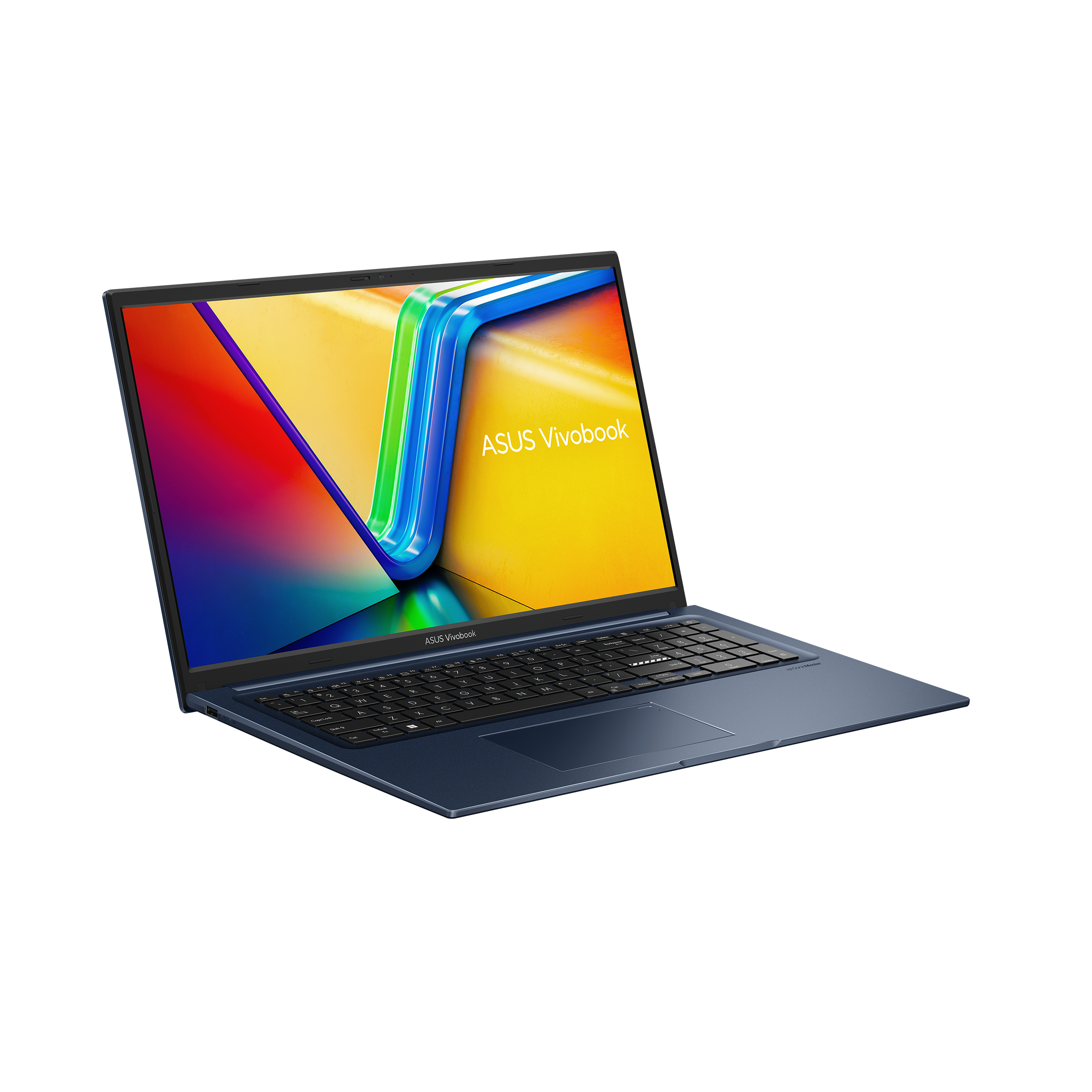 Een blauwe ASUS Vivobook laptop met kleurrijke schermachtergrond.