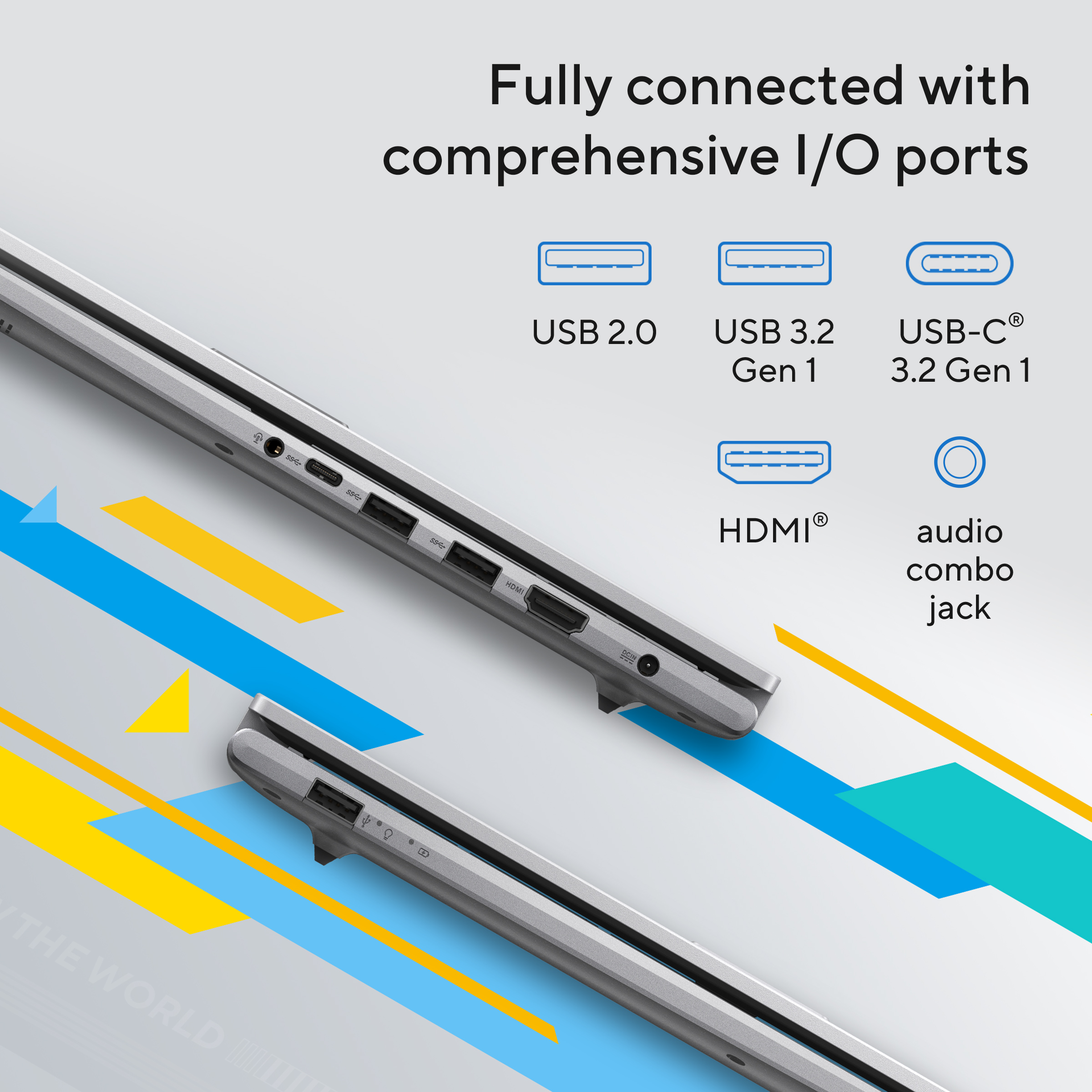 Laptops met USB 2.0, USB 3.2, USB-C, HDMI en audio-aansluiting.