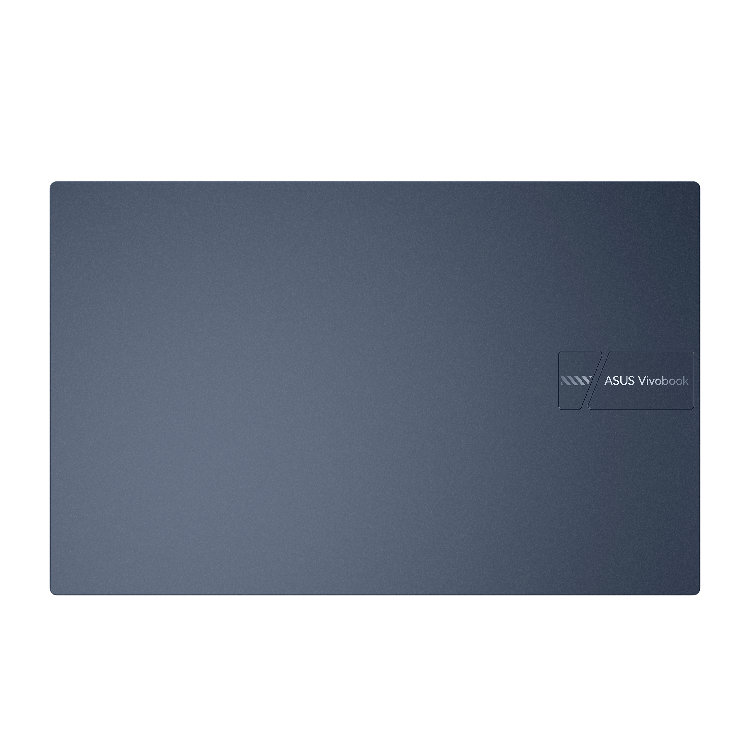 Donkerblauw laptopdeksel met zilveren ASUS Vivobook logo.
