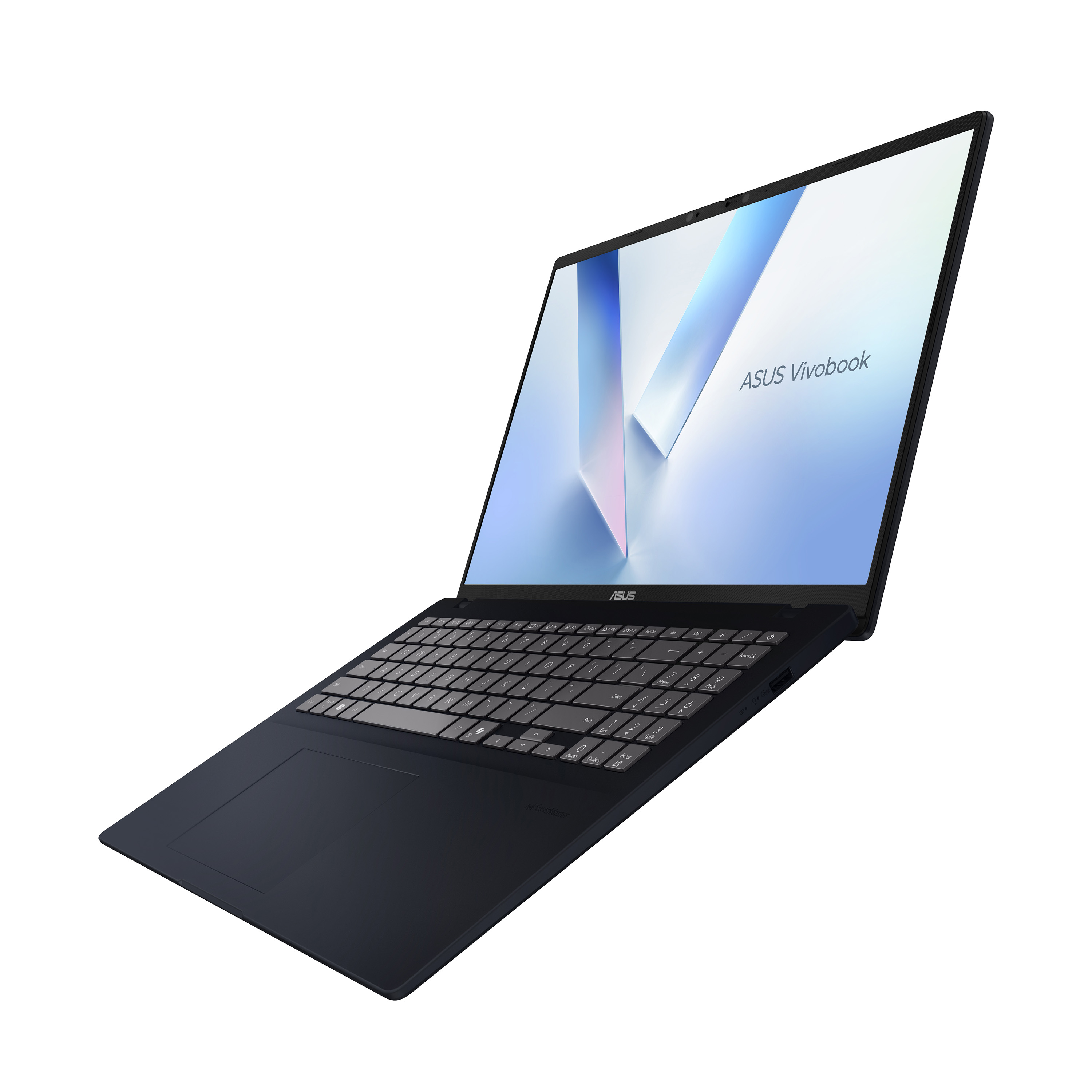 Een donkere ASUS Vivobook laptop, open, met toetsenbord en scherm.