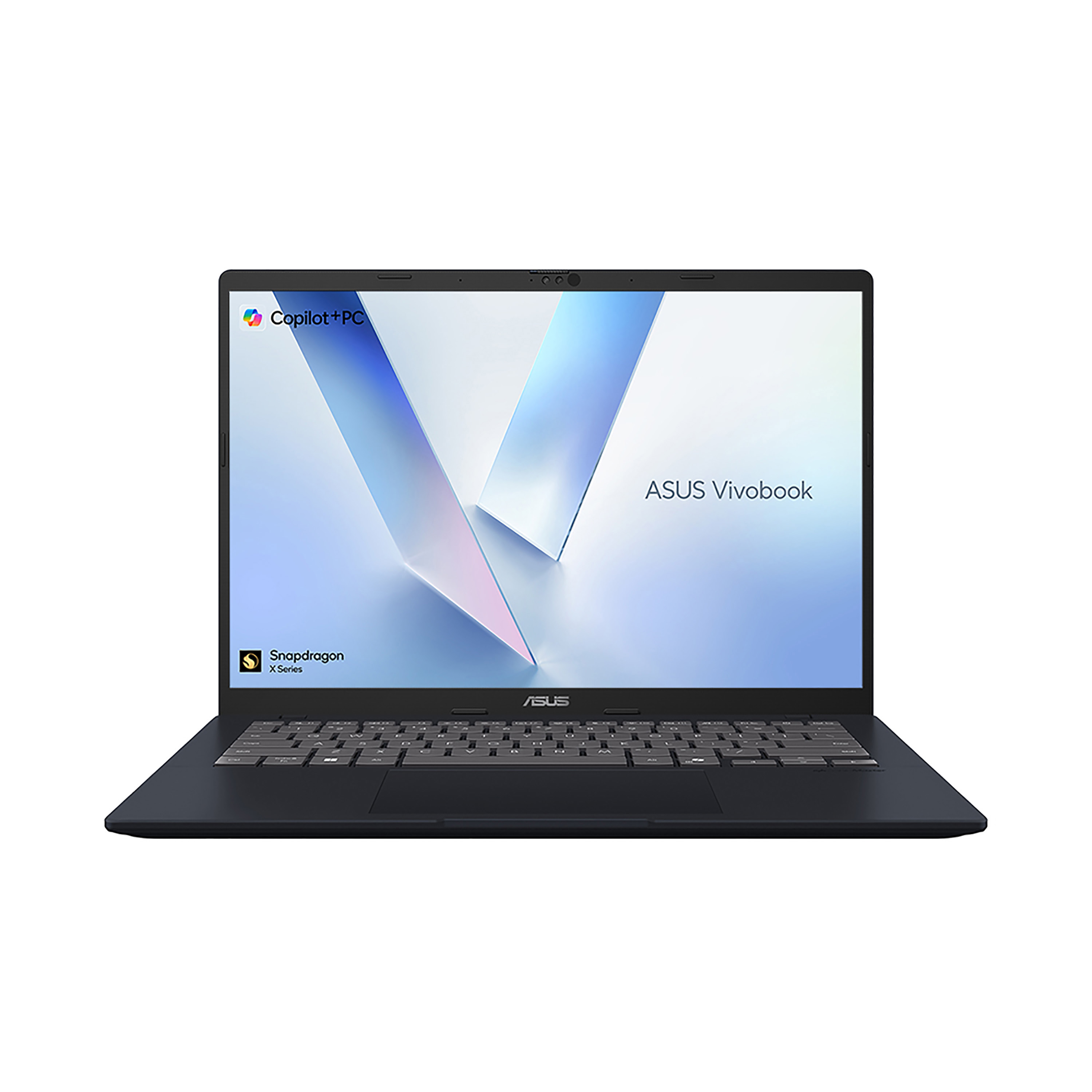 Zwarte laptop met verlicht ASUS-logo en Copilot+ PC-icoon op het scherm.