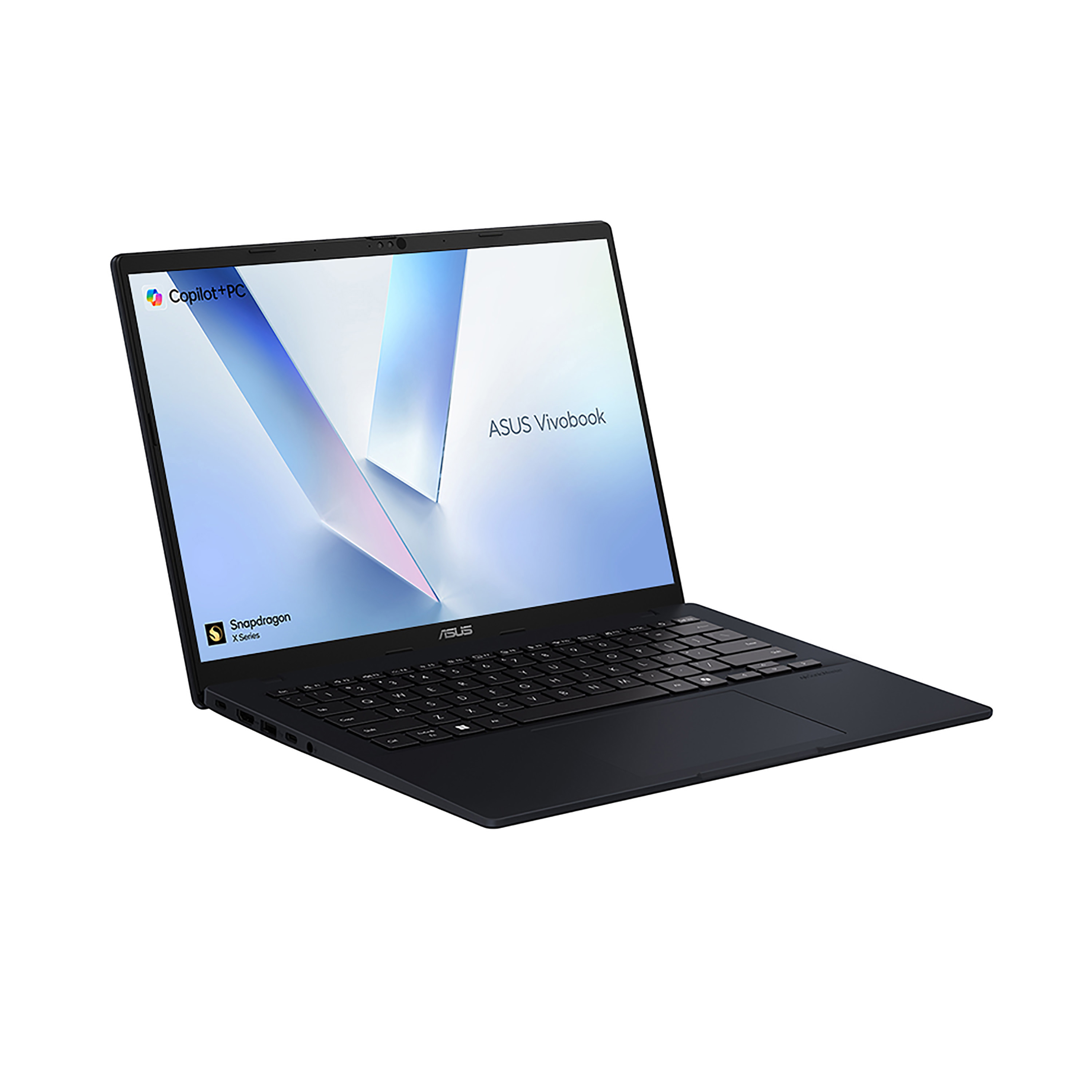 Zwarte Asus Vivobook laptop met Snapdragon X Series en Copilot+ PC logo op scherm.