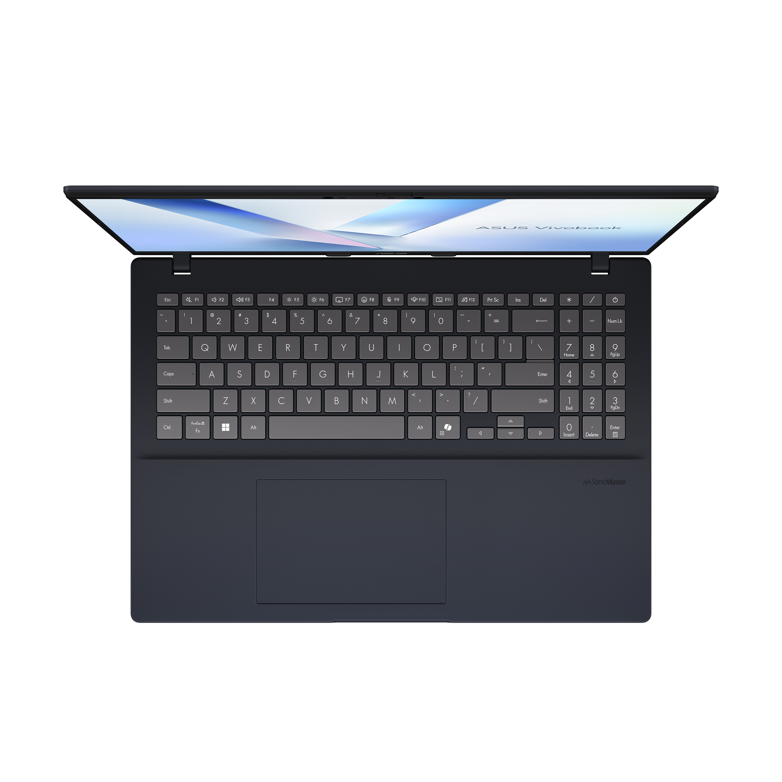 Bovenaanzicht van een open donkerblauwe ASUS Vivobook laptop met lichtblauwe abstracte achtergrond.
