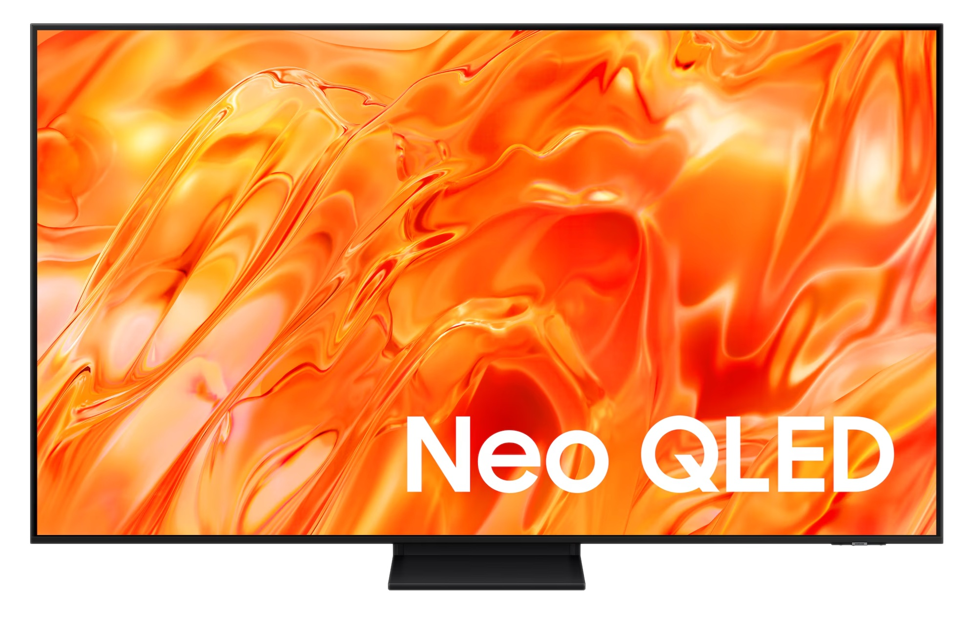 Nowoczesny telewizor z abstrakcyjnym pomarańczowym tłem i napisem "Neo QLED".