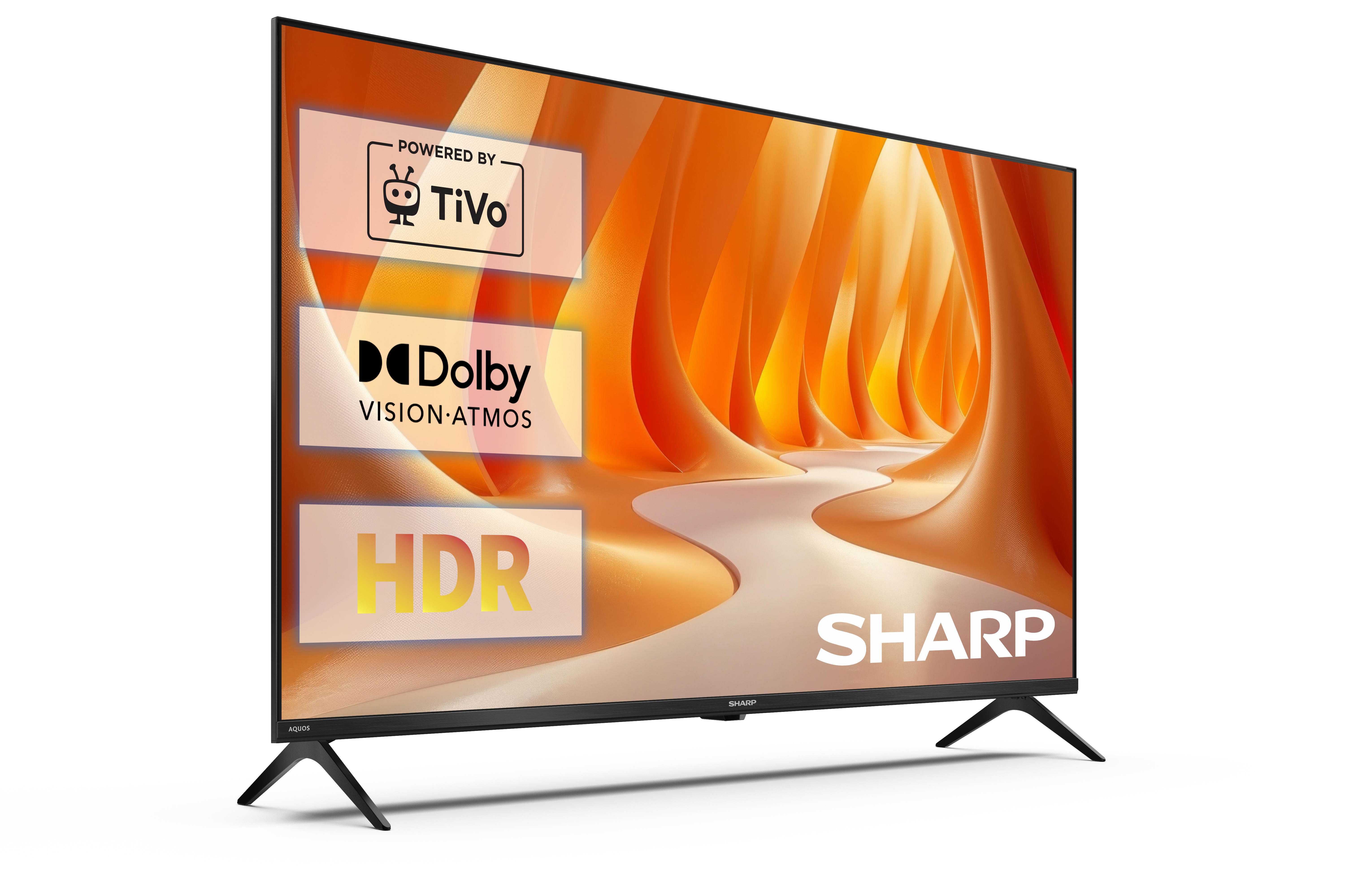 Telewizor Sharp z logo TiVo, Dolby Vision Atmos i HDR na ekranie.