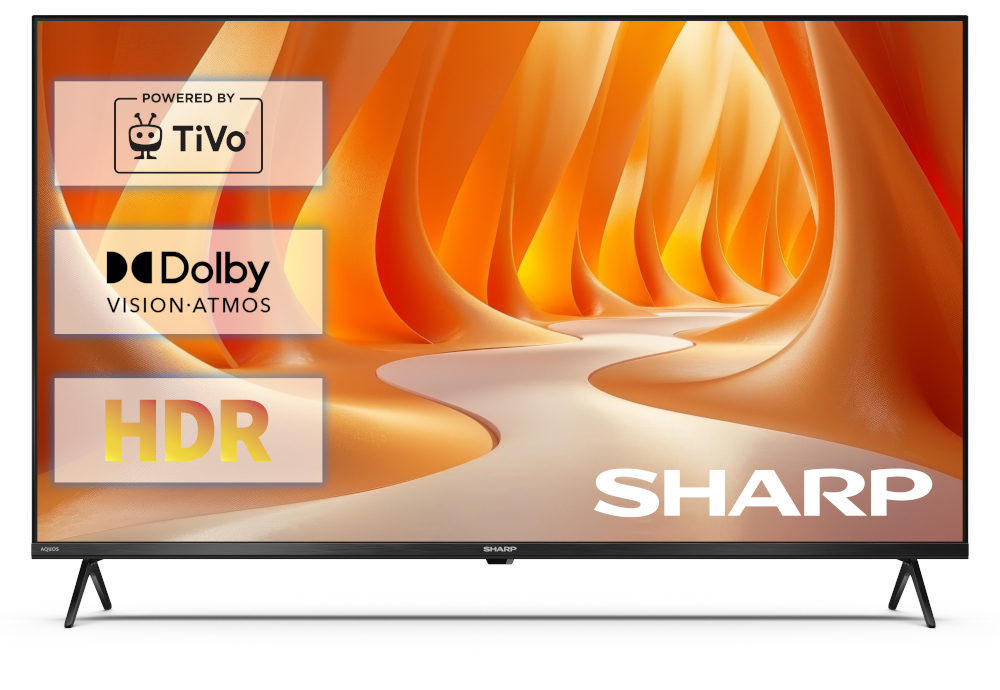 Telewizor Sharp wyświetlający logo TiVo, Dolby Vision-Atmos i HDR.