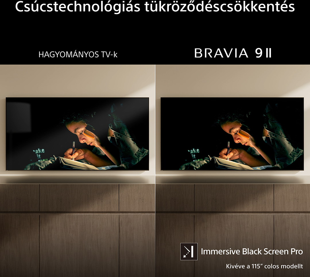 Két TV egymás mellett egy gyermeket mutat írás közben. Az egyik 'BRAVIA 9 II'.