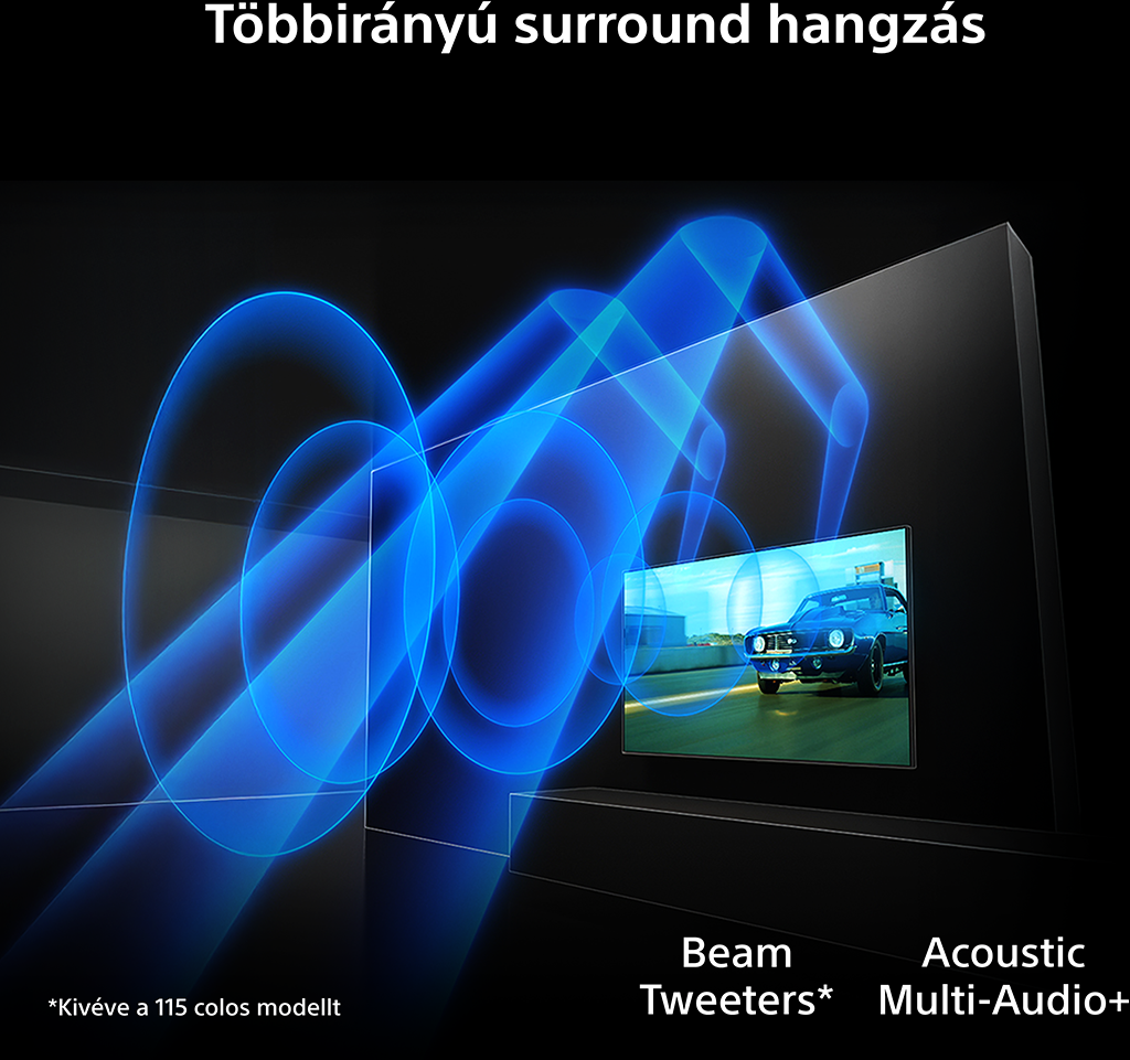 Kék hang hullámok vesznek körül egy TV-t, melyen egy kék autó látható.