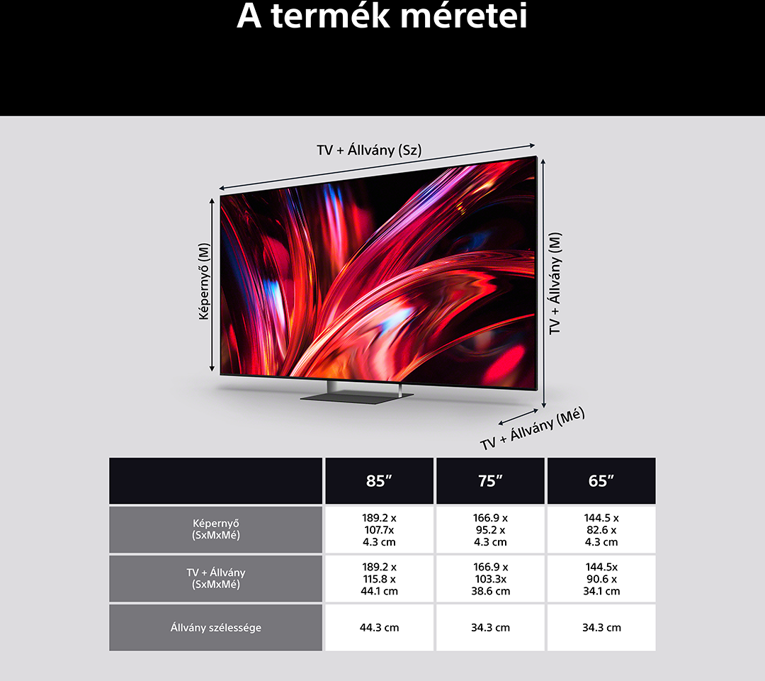 TV állvánnyal, méretekkel 85, 75 és 65 colos modellekhez.