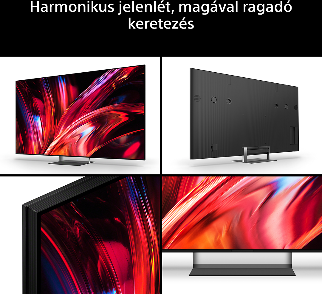 Modern TV vékony kerettel, élénk piros és kék absztrakt képet mutatva.