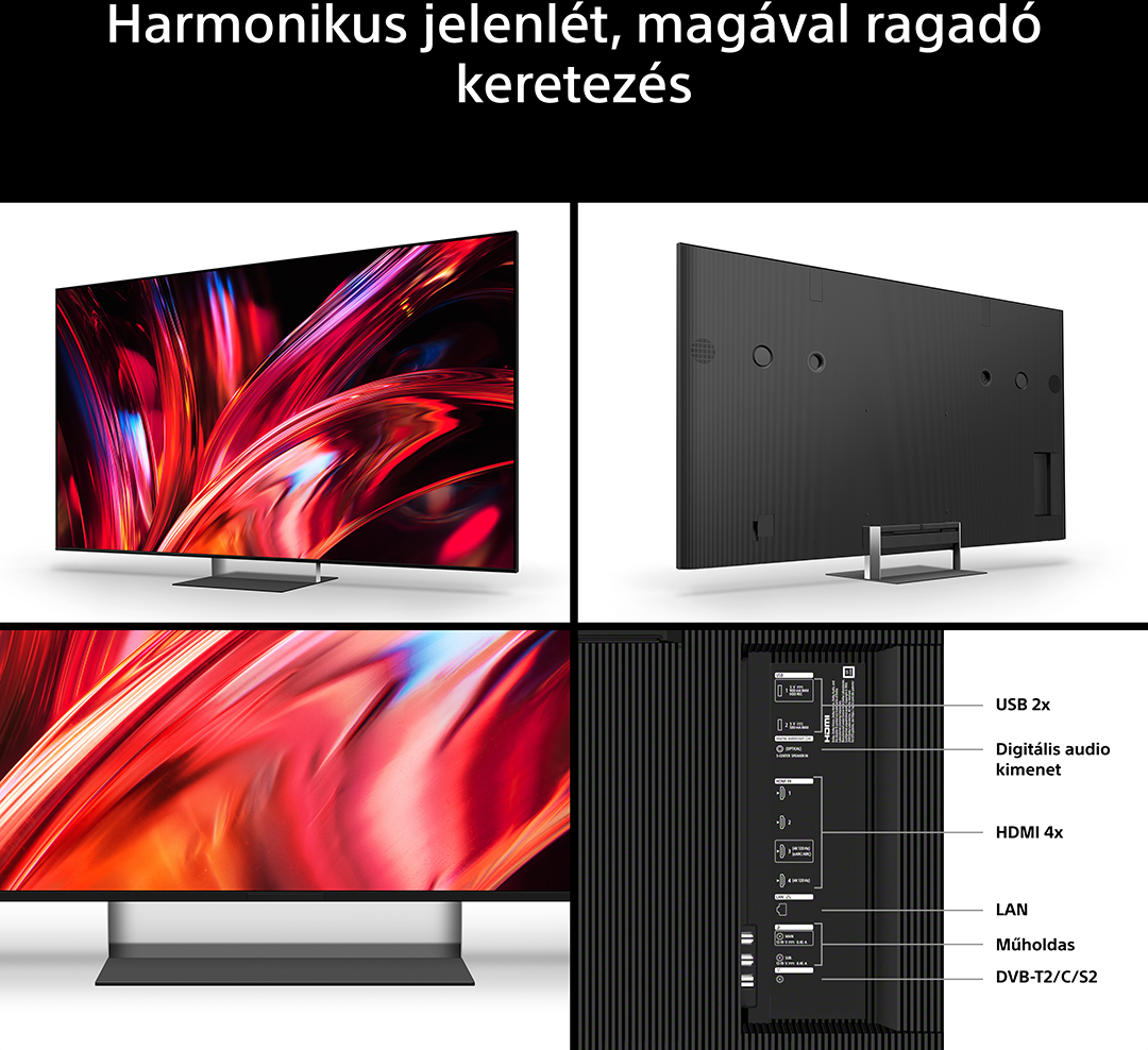Modern televízió elöl és hátul, a hátoldalon jelölt csatlakozókkal.