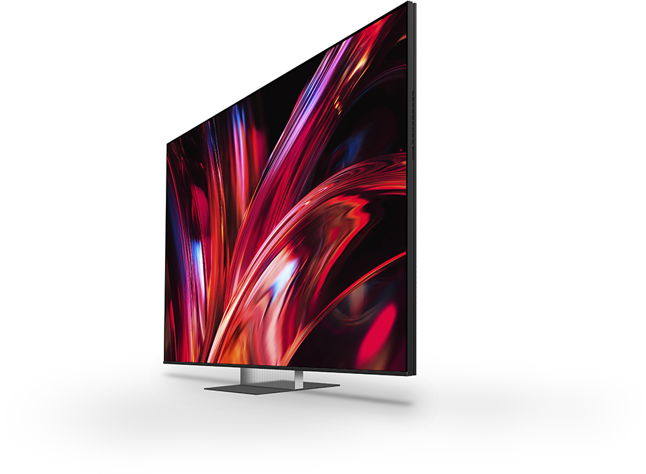 Egy modern, síkképernyős TV, amely absztrakt, színes képet jelenít meg a képernyőjén.