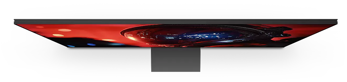 Egy modern monitor absztrakt, vörös és kék sci-fi képet jelenít meg.