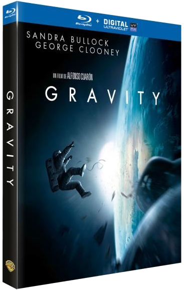 Een astronaut zweeft in de ruimte voor de aarde. Gravity Blu-ray hoes.
