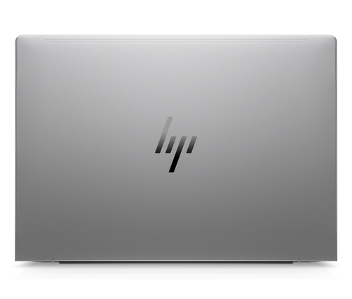 Portátil gris cerrado con el logo negro de HP en el centro.