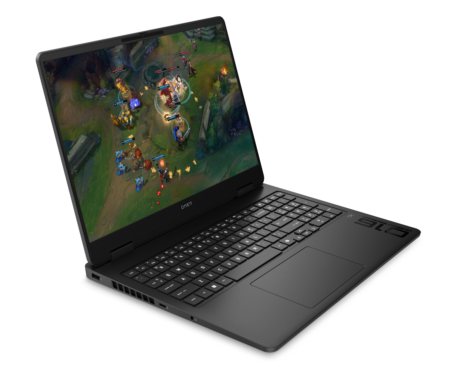 Portátil HP Omen negro mostrando un videojuego colorido en pantalla. Teclado visible.
