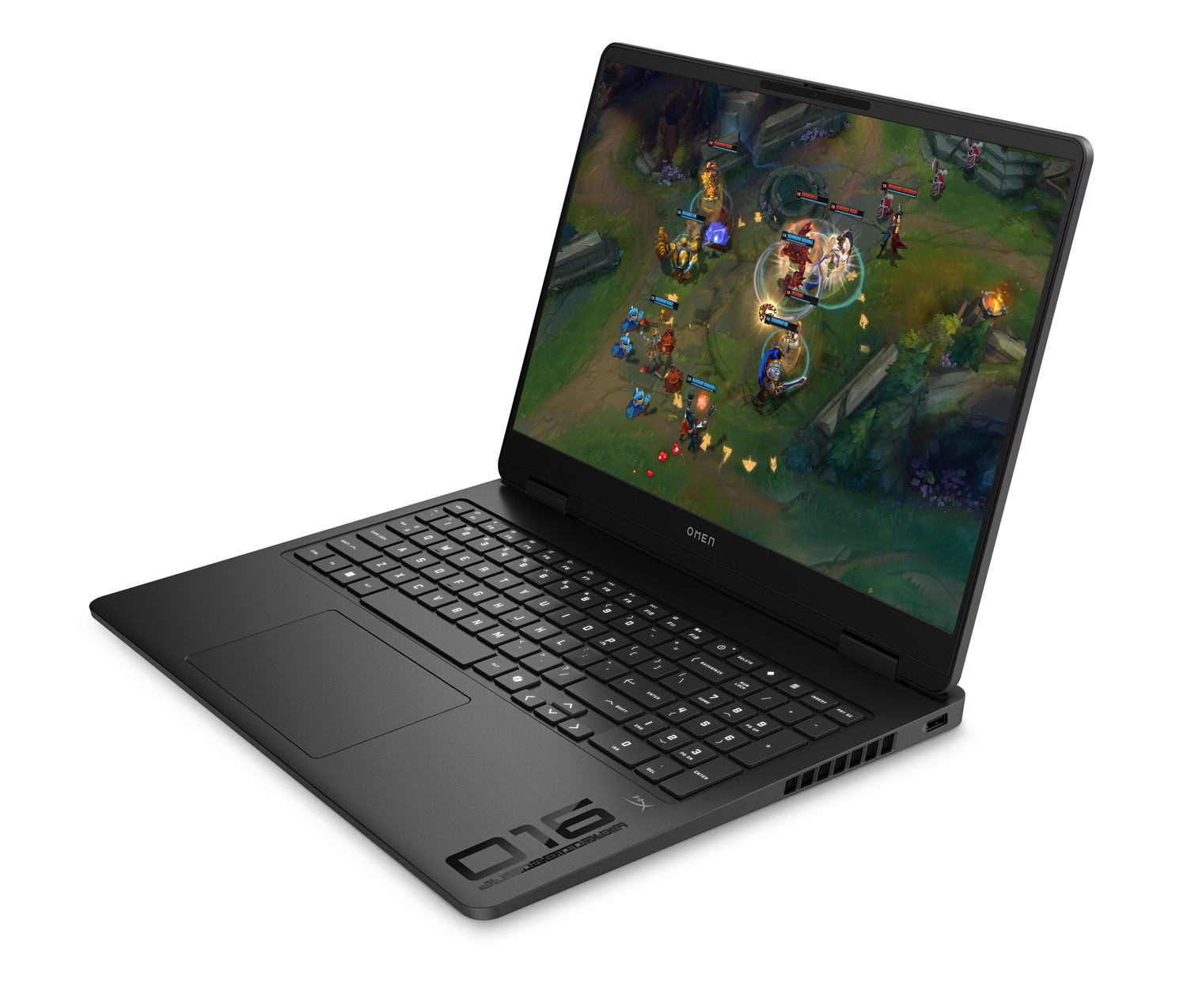 Portátil negro con pantalla abierta mostrando un juego en línea.
