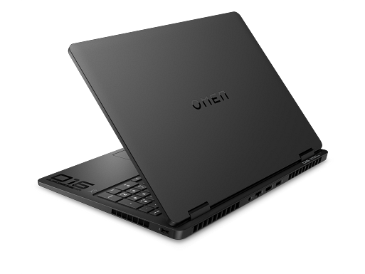 Un portátil HP Omen negro se muestra en ángulo trasero de tres cuartos con la tapa abierta.